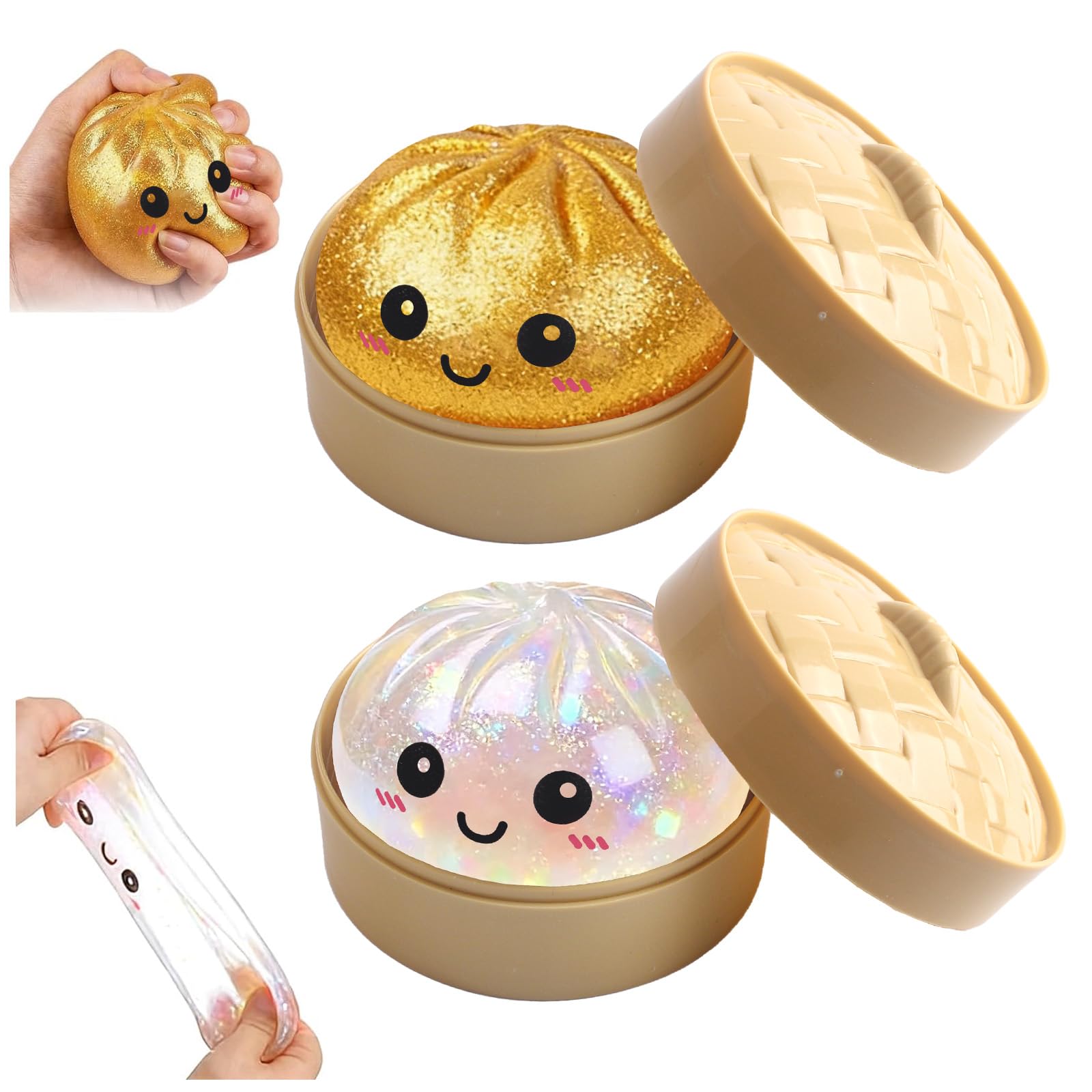 Giant Glitter Dumpling Squishy Giant Mystery Dumpling Squishy Toys with Steamer,Glitter Stress Relief Sensory Fidget Toy Stress Balls Soft Squeeze Decompression Dough Toy for Kids Adult (2)
