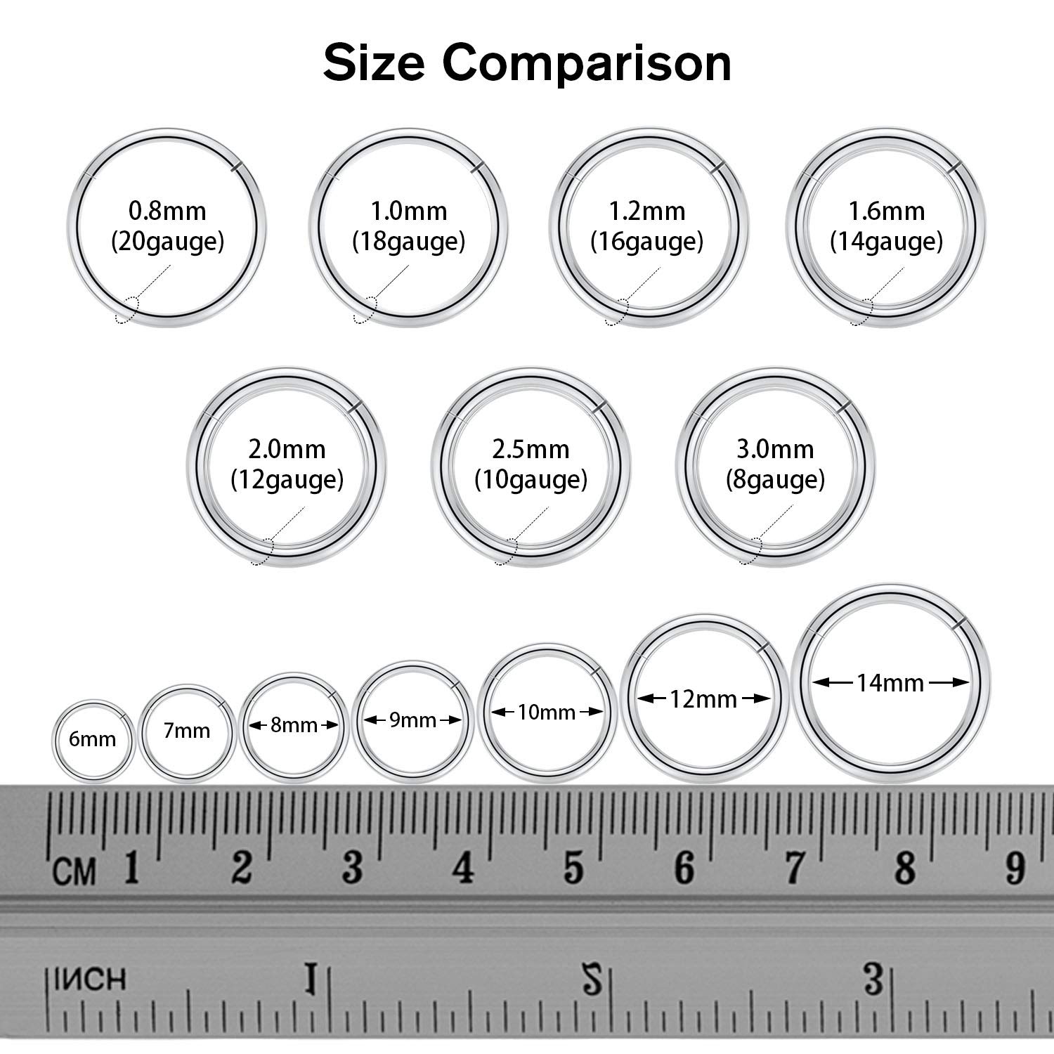 AROWRO 316L Surgical Steel Hinged Nose Rings Hoop 20G 18G 16G 14G 12G 10G 8G 6G 4G Seamless Piercing Rings for Nose Septum Cartilage Helix Tragus Conch Rook Daith Lobe Diameter 6mm to 14mm — view 5