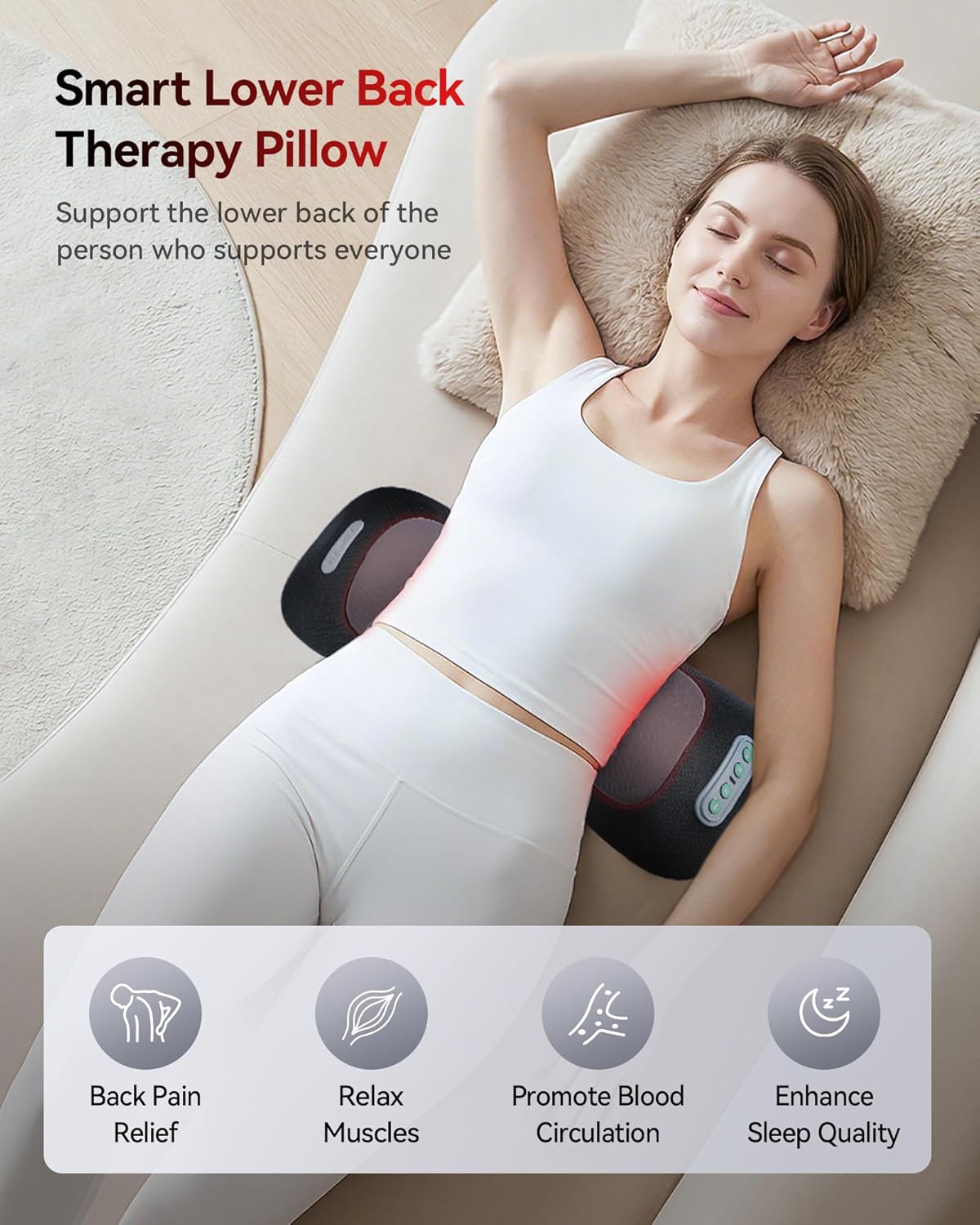 4-in-1 Lumbar Support Pillow Cordless Rechargeable 5000mAh with Red Light Therapy, Electric Lower Back Massager w/Vibration, Airbag Traction & Heating for Pain Relief Deep Tissue, Black