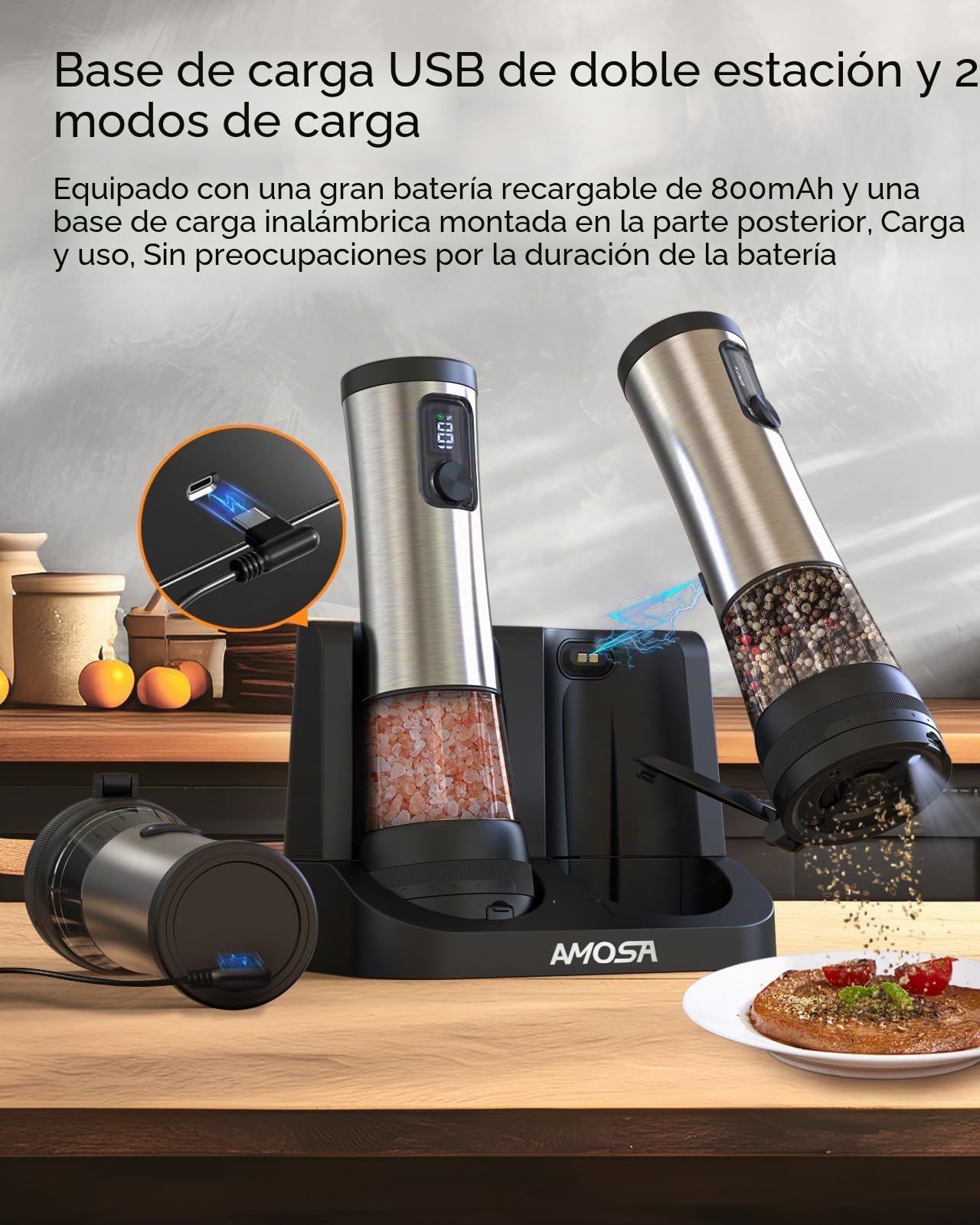 AMOSA Juego de Molinillo Pimienta Electrico de Sal, con 5 Tamaños de Grano & 2 Velocidades Ajustables, Base Recargable con Pantalla de Batería, Saleros de Cocina Automática acero Inoxidable con LED