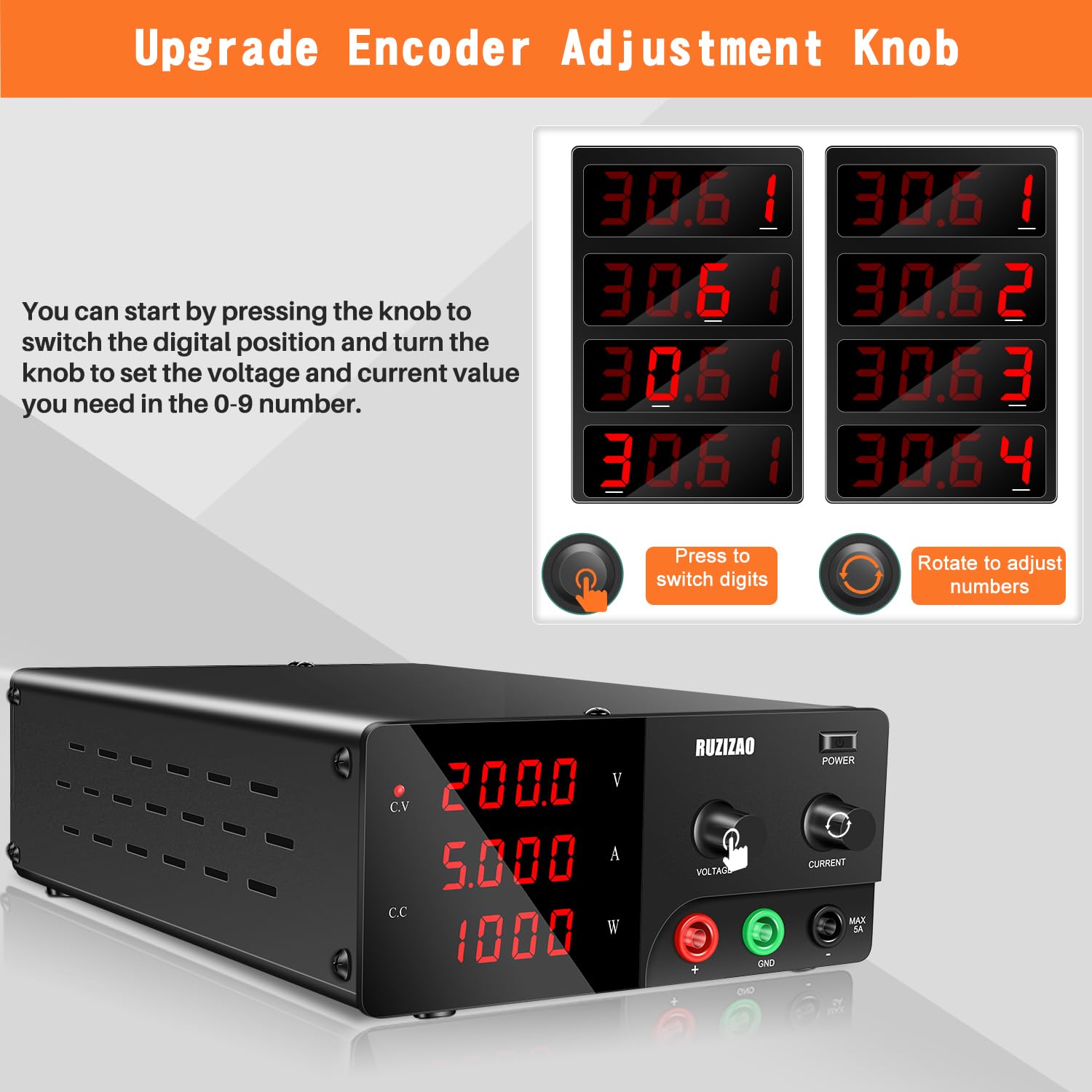 Labornetzteil 200V 5A Labornetzgerät Hochleistungs DC Regelbar Schaltnetzteil 1000W, Labor DC-Stromversorgungen mit 4-stelliges LED-Display Encoderregelung und Ausgangsstabilität