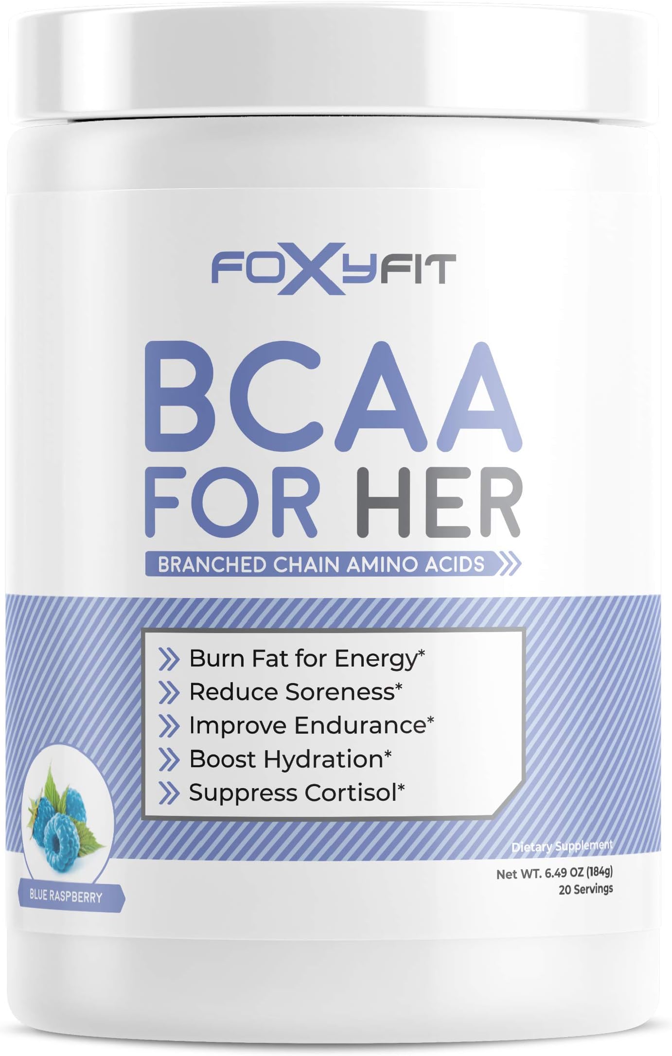 FoxyFit BCAA for Her, Branched Chain Amino Acids for Women to Boost Hydration and Reduce Soreness, Blue Raspberry (BCAA Powder - 20 Servings)