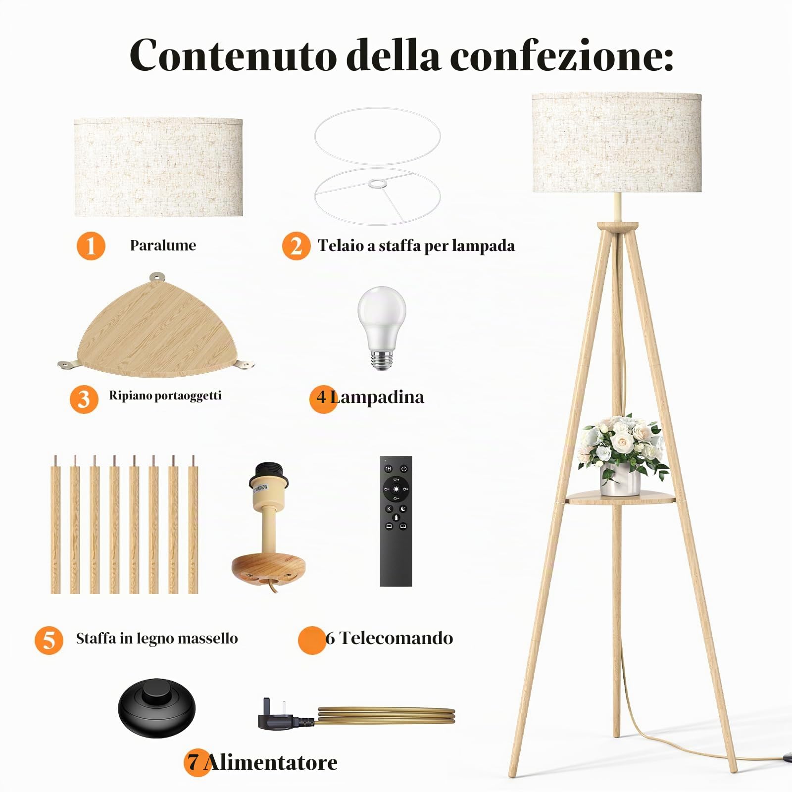 Lampada da Terra ad Treppiede LED con Ripiani Portaoggetti - 12W Piantana da Lettura Solido Regolabile con Telecomando & LED E27 per Soggiorno, Camera da Letto, Marrone Chiaro - Mensola Triangolare