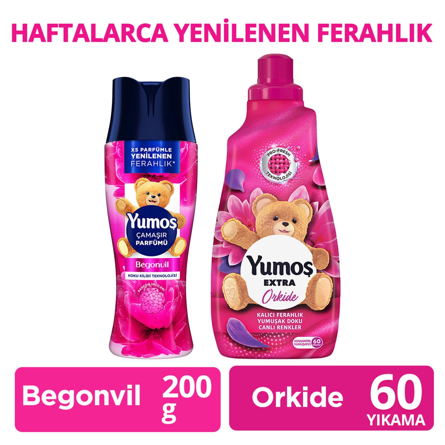 Yumoş Çamaşır Parfümü Begonvil 200 g + Yumoş Extra Konsantre Çamaşır Orkide 1440 ml