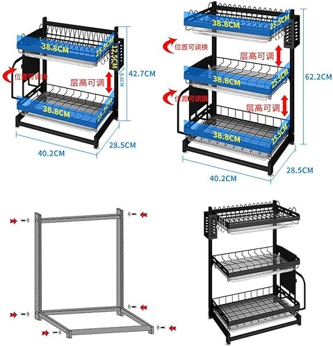 Miniatura 6 de Estante de secado de platos de 3 niveles ajustable de cocina con tabla de drenaje extraíble, cromo resistente de gran capacidad, organizador de