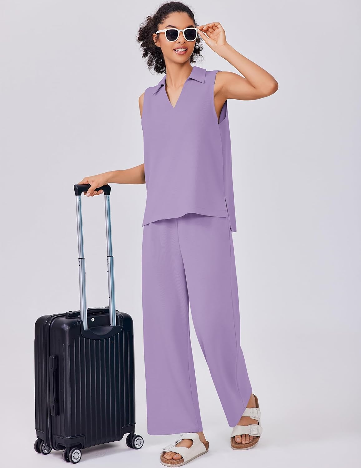 PINSPARK Two Piece Sets for Women Summer Outfits Sleeveless Lounge Sets V Neck Tops Wide Leg Crop Pants Travel Tracksuit - Image 3