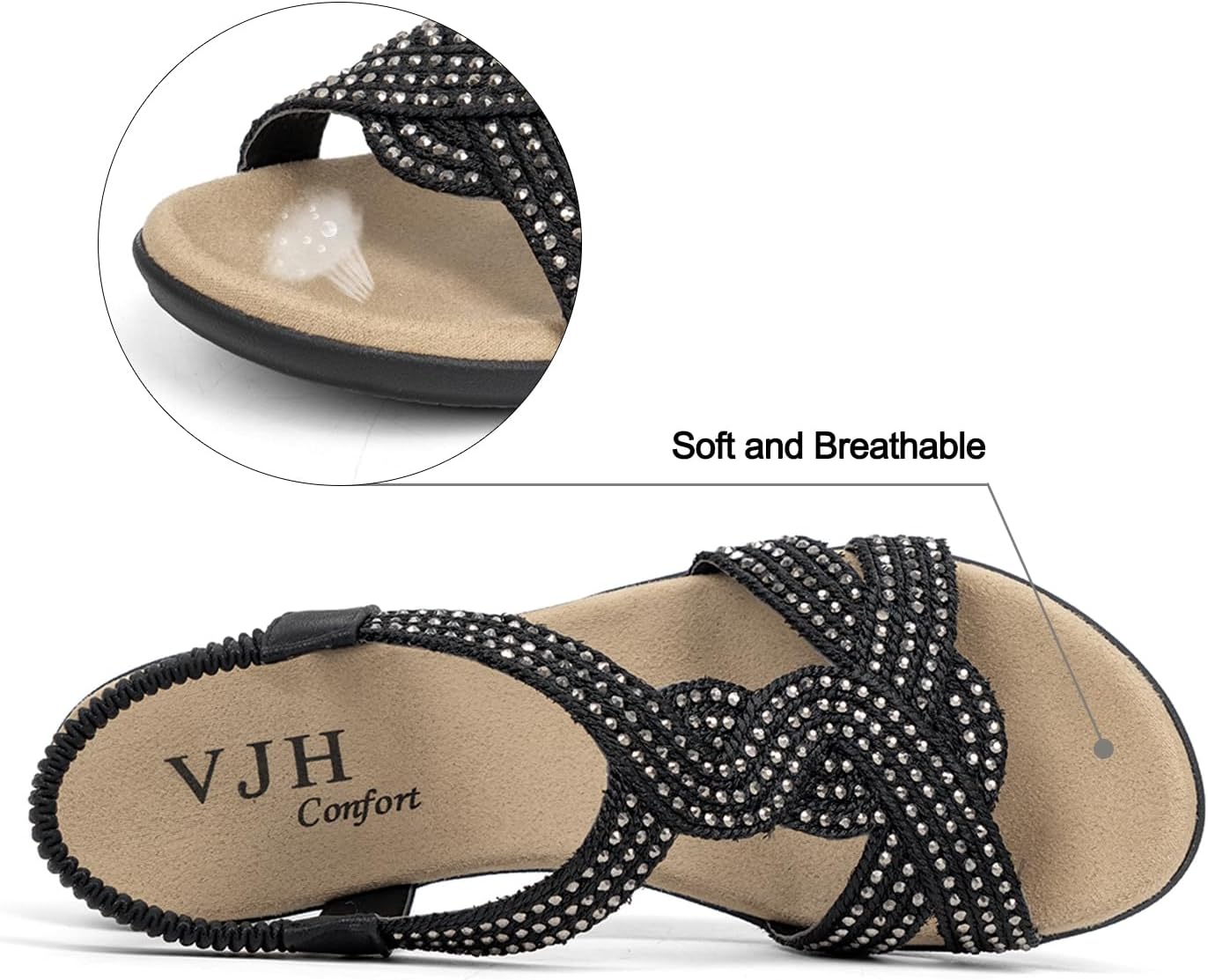 VJH confort Women's Flat Sandals Rhinestone Stretchy Strap Low Wedge Comfy Dressy Walking Sandals - Image 3