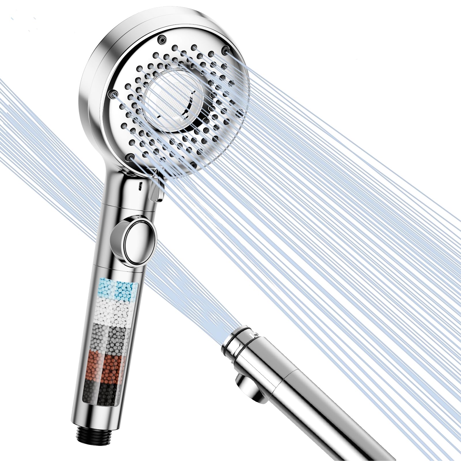 Luxear Alcachofa Ducha de Alta Presión con Filtro 5+1 Modos de Rociado | Ahorrador de Agua con Tecnología de Nanoburbujas Cabezal Ducha con Botón de Parada - Universal (Plateado)