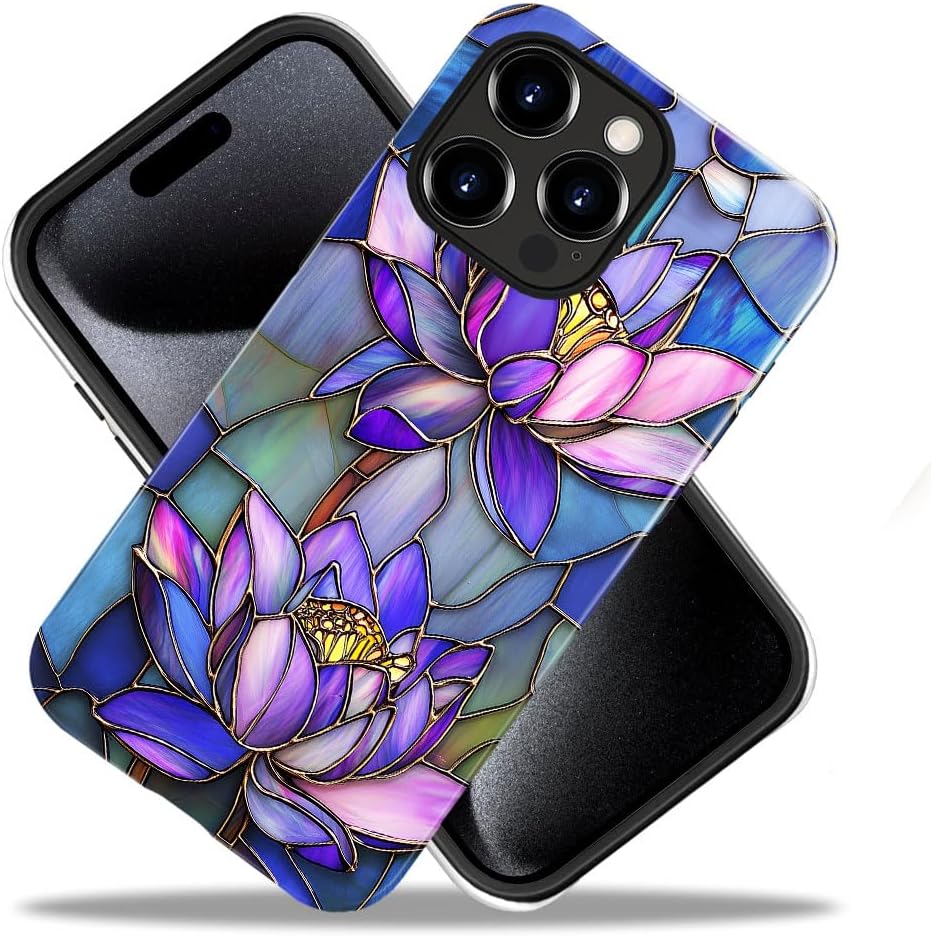 DAIZAG Case Compatible with iPhone 15 Pro Max,Glossy Durable Shock Protection Cover for Girl Women,Stained Glass Purple Lotus Flowers - Image 2