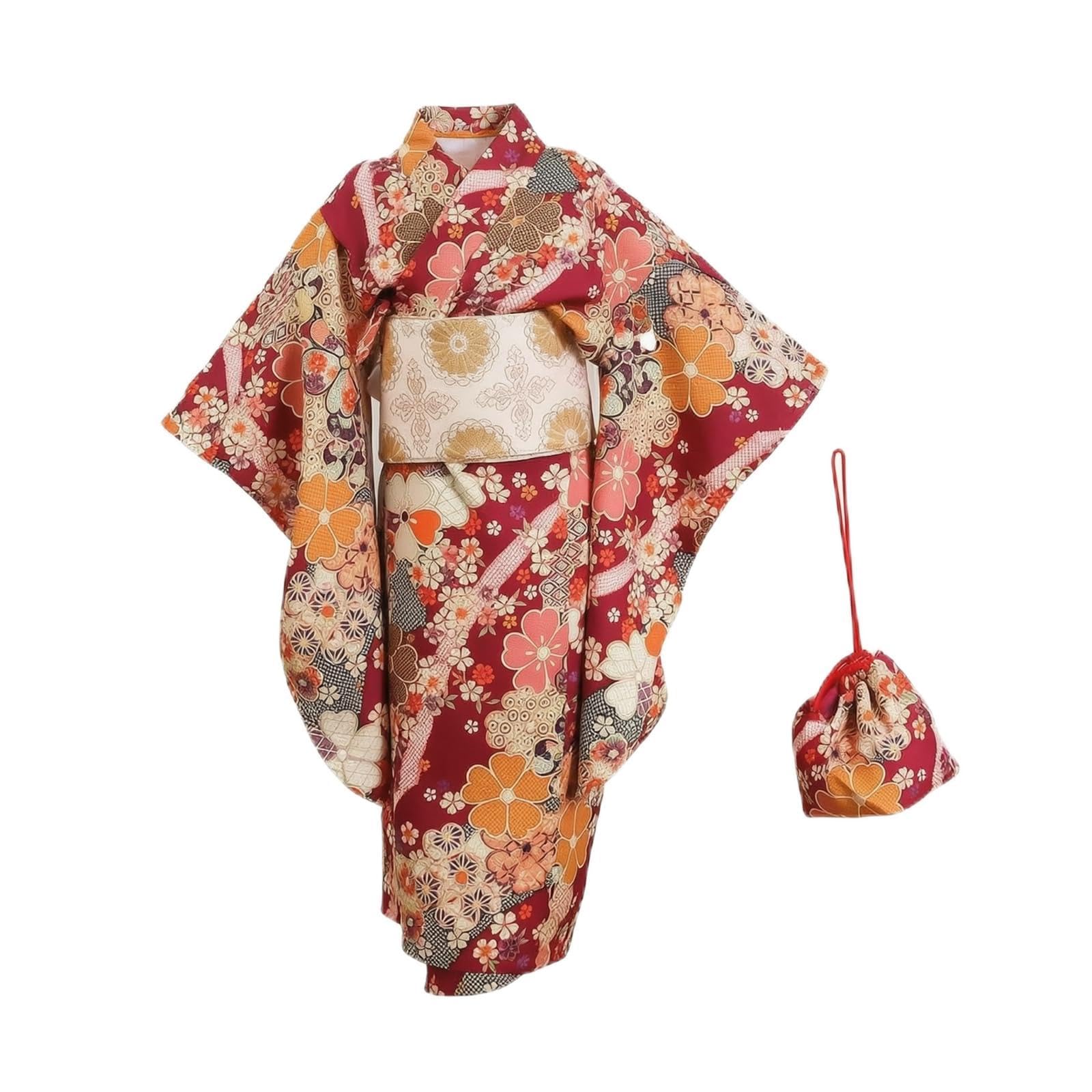 Costume Kimono Bambini Kimono Robe Cintura Obi Borsetta Accessorio Capelli in Poliestere con Maniche Ampie E Chiusura Regolabile Adatto a Eventi, Numeric_100, Regular