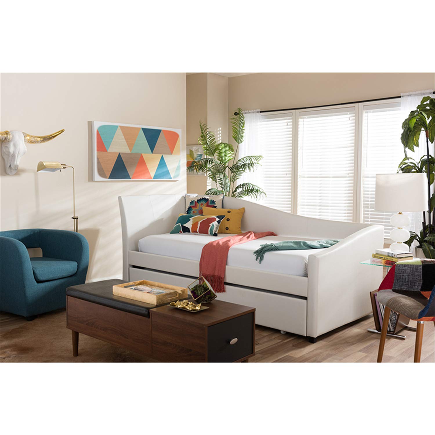 Baxton Studio Vera Modern and Contemporary Upholstered Curved Sofa Daybed with Roll-Out Trundle Gues