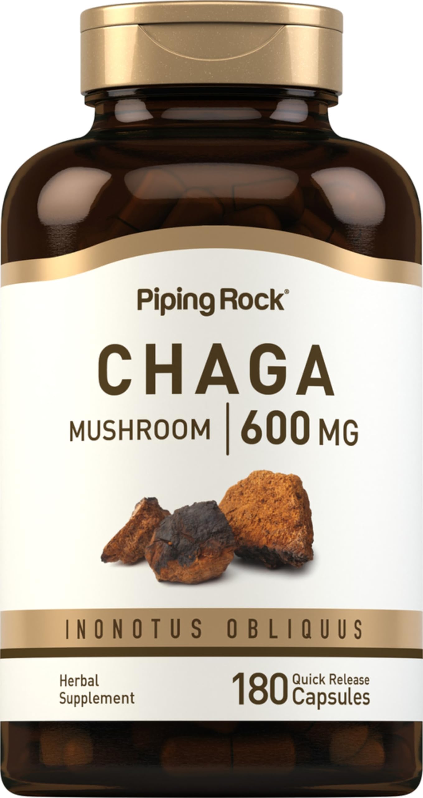 Piping Rock Chaga Mushroom Capsules | 600mg | 180 Count | Inonotus Obliquus