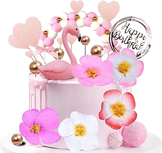 20 Pieces Flamingo Cake Toppers Set of Pink Flamingo Figures Pom Pom Arch Heart Shaped Cake toppers Gold ball cake toppers...