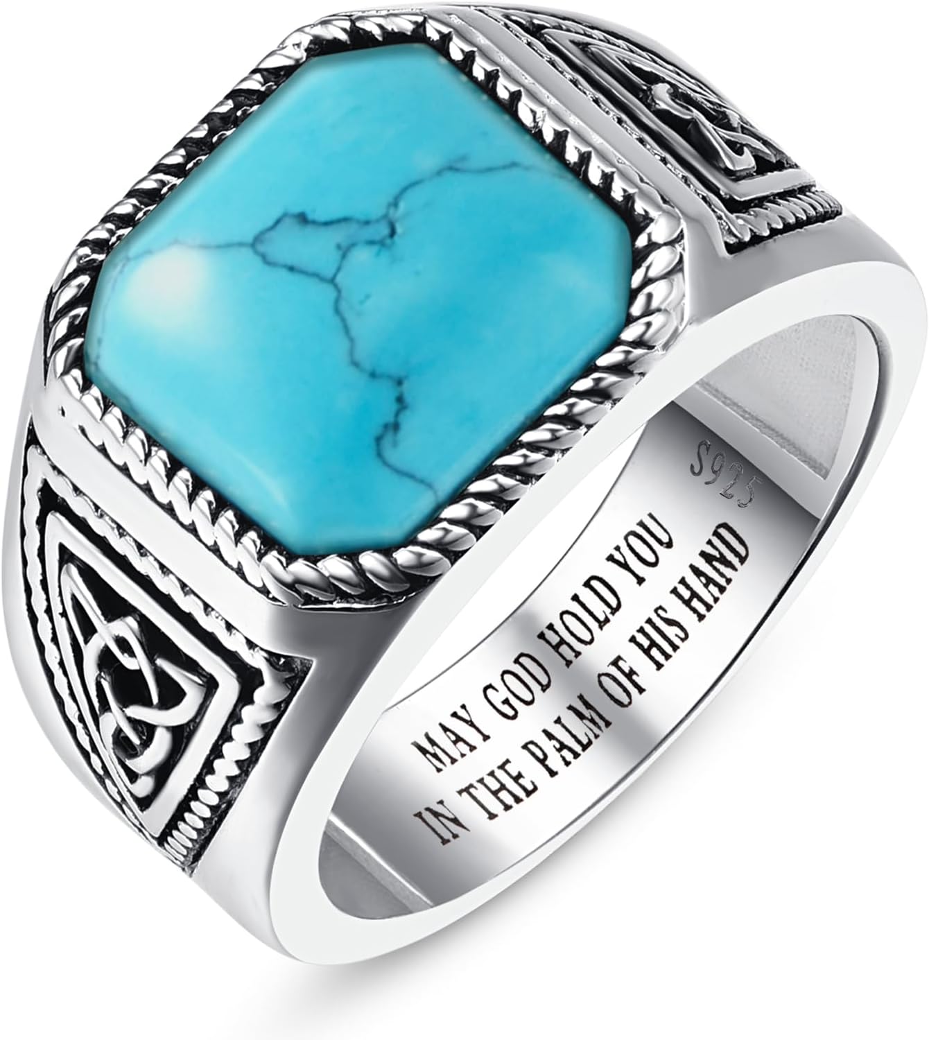 7ct Vintage Teal Turquoise|Emerald|Black Onyx Ring for Men 925 Sterling Silver Men Rings 11mm Square-Cut Mens Cocktail Rings Celtic Pattern Band for Dad Father Size 7-12