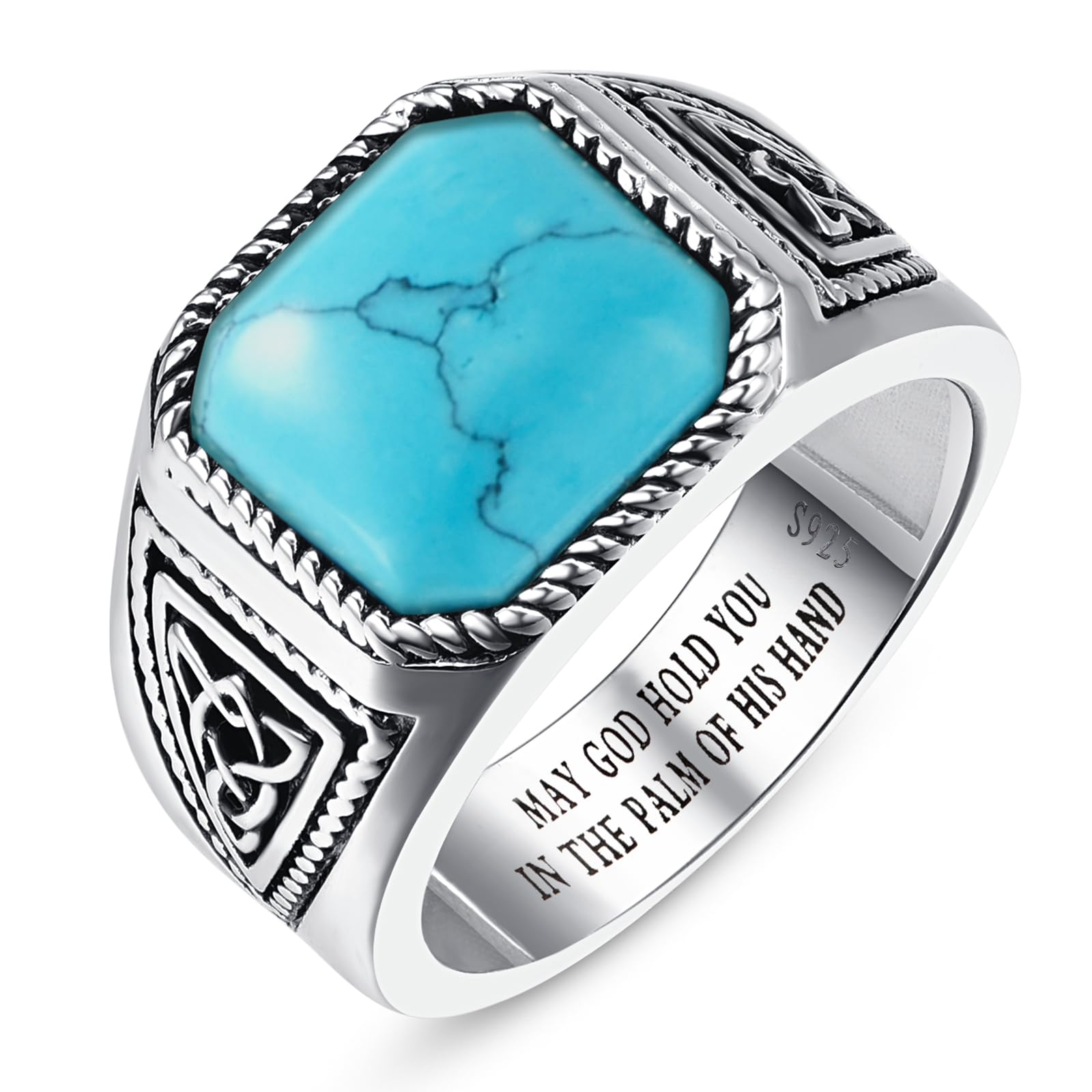 7ct Vintage Teal Turquoise|Emerald|Black Onyx Ring for Men 925 Sterling Silver Men Rings 11mm Square-Cut Mens Cocktail Rings Celtic Pattern Band for Dad Father Size 7-12