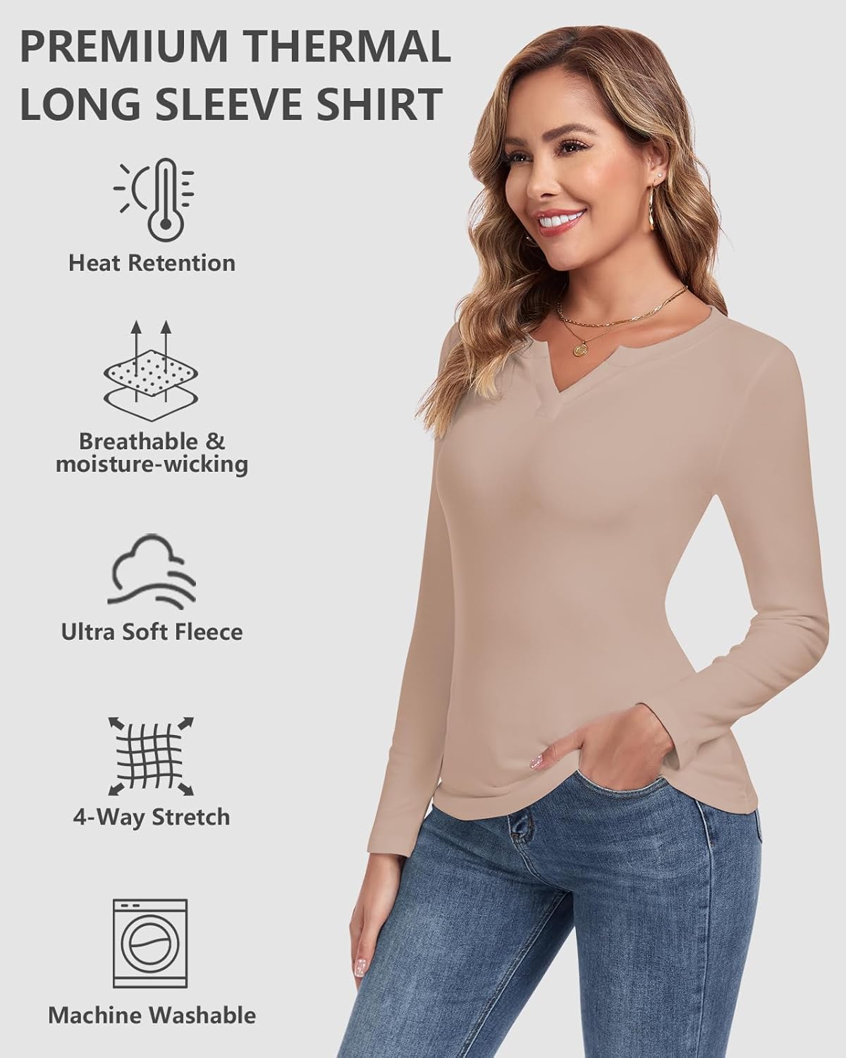 Thermal Long Sleeve Shirts for Women Fleece Top Thermal Notch V Neck Underwear Top Undershirt Winter Cold Weather - Image 4