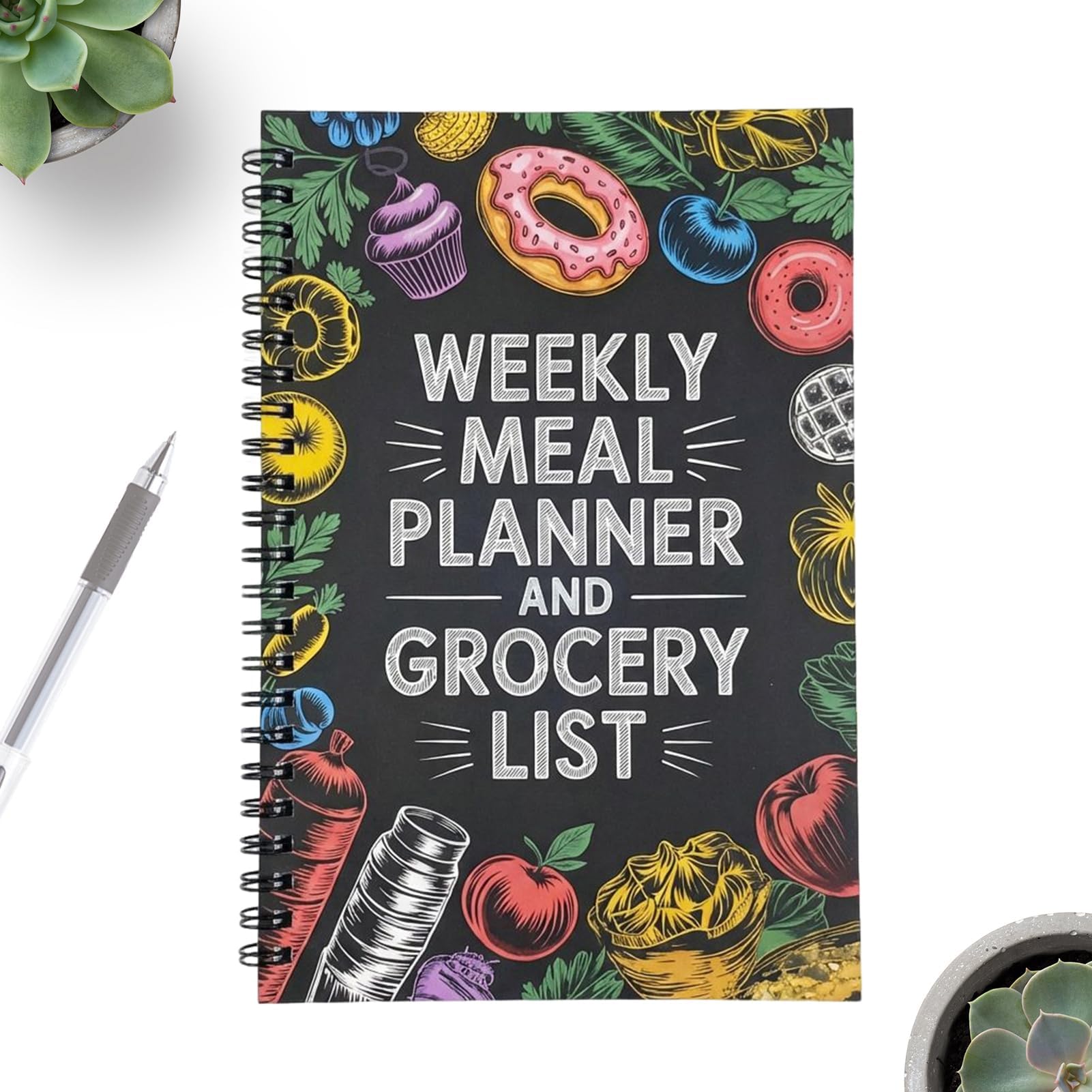 Weekly Meal Planner - 100 Page Spiral Bound Organizer, Meal Prep Journal with Grocery List Section, Colorful Meal Pattern Cover, Personalized Meal Planner Notebook | For Women Mom Kitchen Home Office