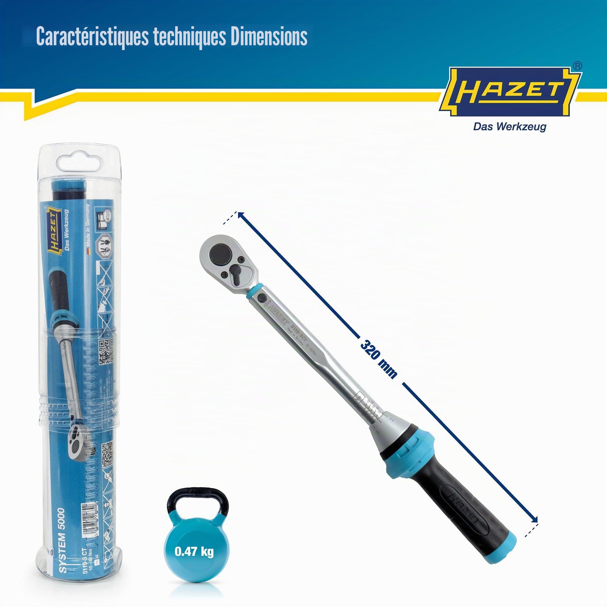 HAZET clé dynamométrique 5110-3CT I Sortie : carré 10 mm (3/8 pouce), tolérance : 3 %, 30 dents (angle d'actionnement 12 degrés) I cliquet réversible facile à utiliser pour voiture et vélo I 320 mm'.
