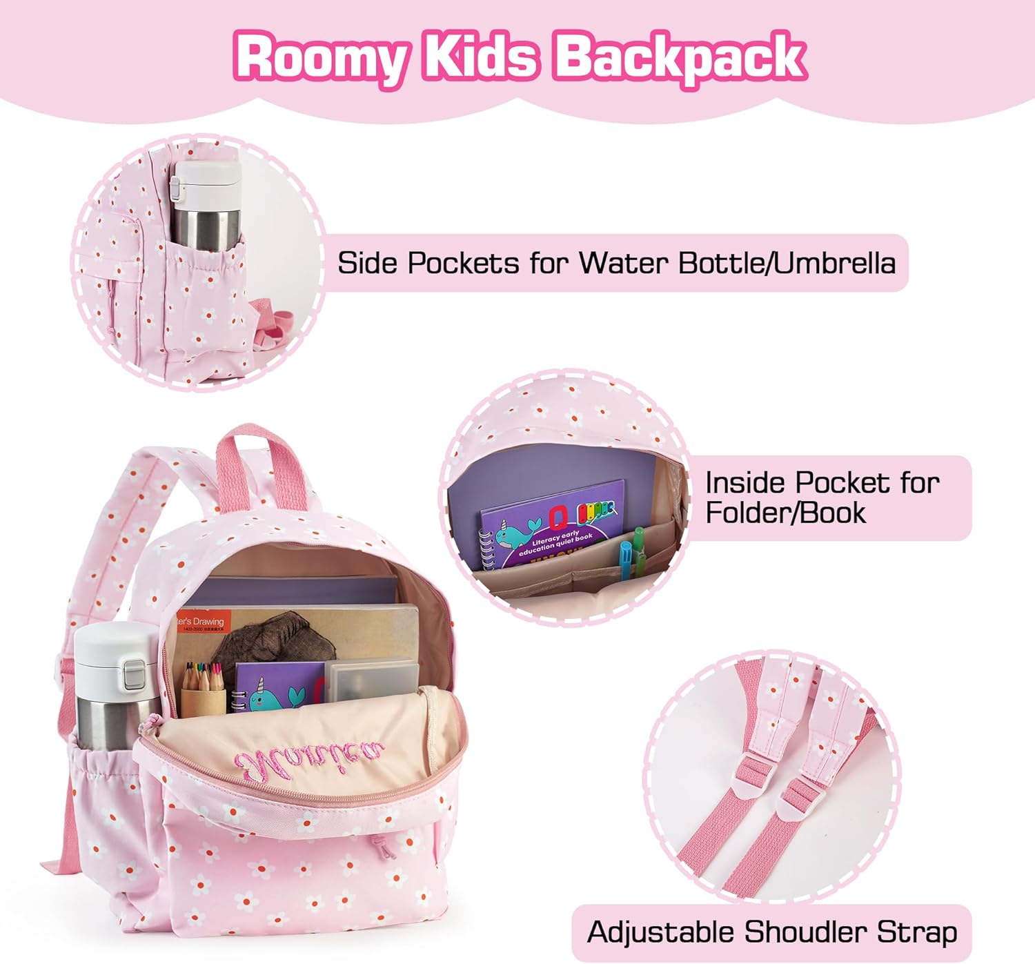 MT WORLD Daycare Backpack Personalized Small Backpack with Embroidered Name - Pink Travel Backpacks with Daisy Flower - Custom Diaper Daycare Bag for Overnight Travel Family Outings Birthday Gifts - Image 3