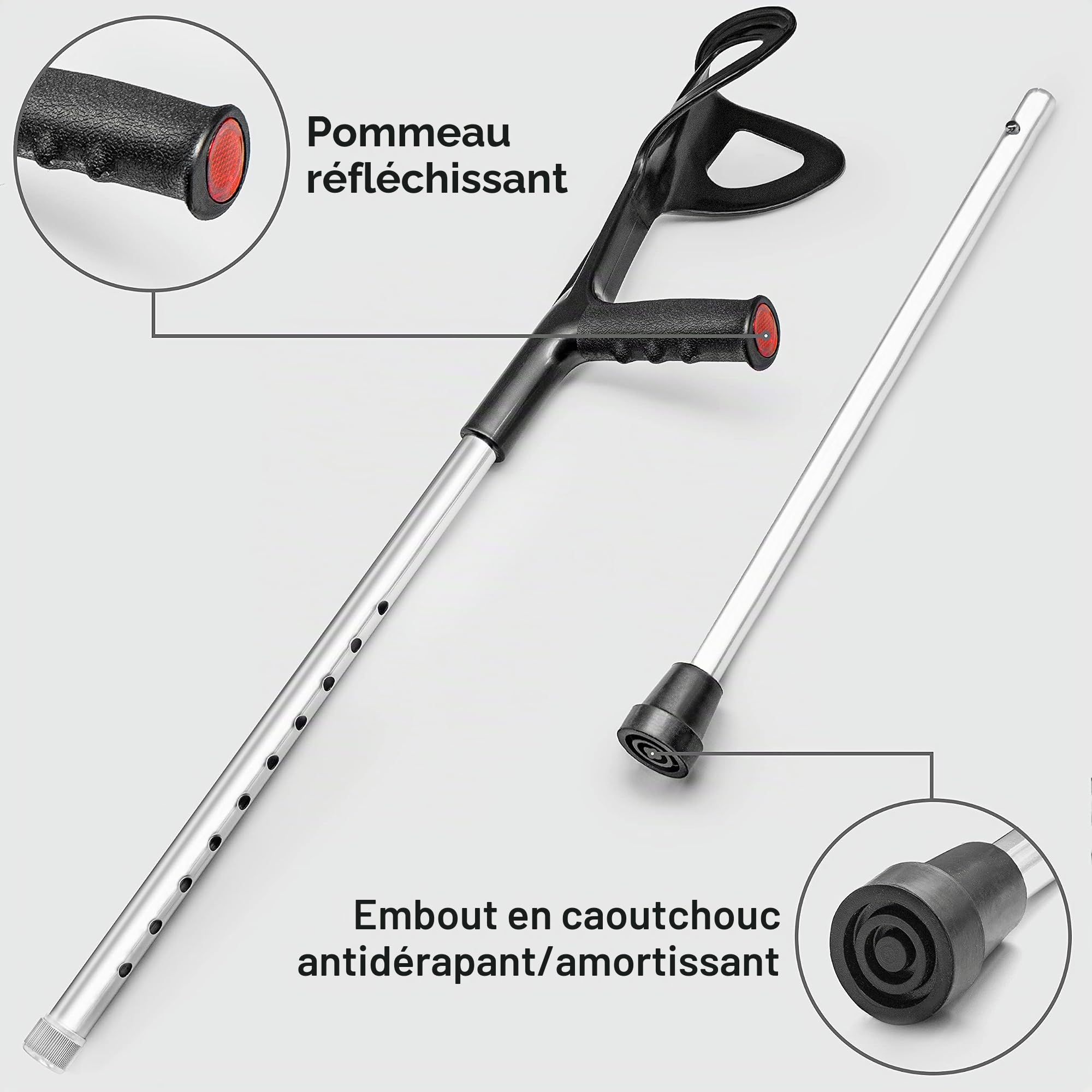 AIESI® Bequilles Medicales adultes orthopédique réglable unique couleur noire légers en aluminium anodisé (Paquet de 2 pièces), Garantie 24 mois