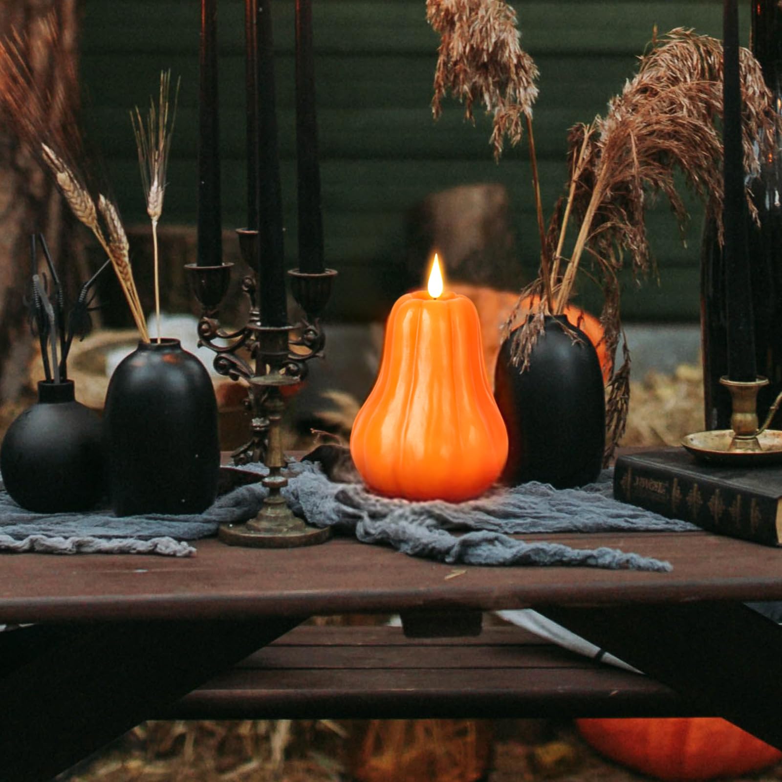 Confezione da 1 candela a forma di zucca senza fiamma, candela LED tremolante, candela a batteria, vera cera, decorazione per la casa, Halloween, Ringraziamento e autunno, candele senza