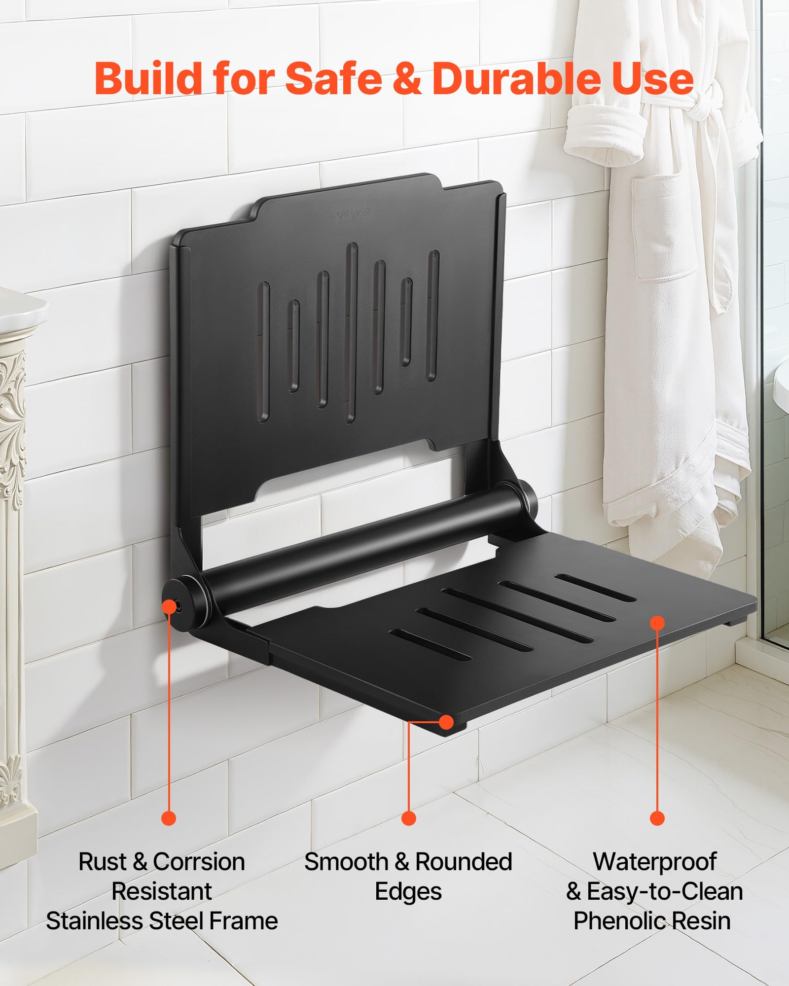 VEVOR Asiento de Ducha Abatible Montaje en Pared, Silla de Ducha Plegable con Respaldo de Apoyo, Marco de Acero Inoxidable, Banco de Baño Capacidad de Carga de 180 kg, para Adultos, Mayores, Negro