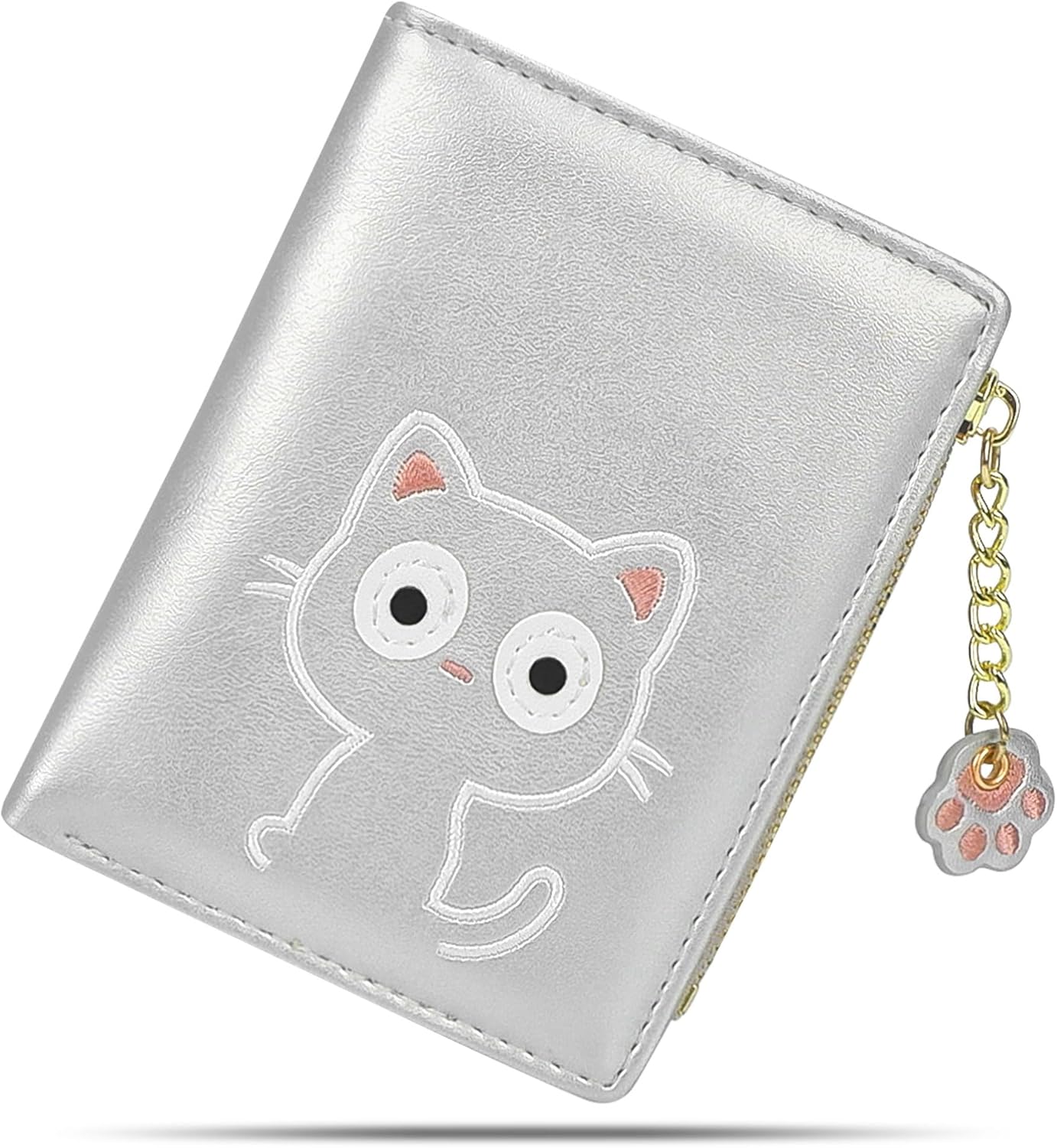 CONISY Small Wallet for Women, Vegan Leather Bifold RFID Blocking Cute Wallet with Coin Purse, Gift Ideas for Teen Girls Ladies (Cat Silver)