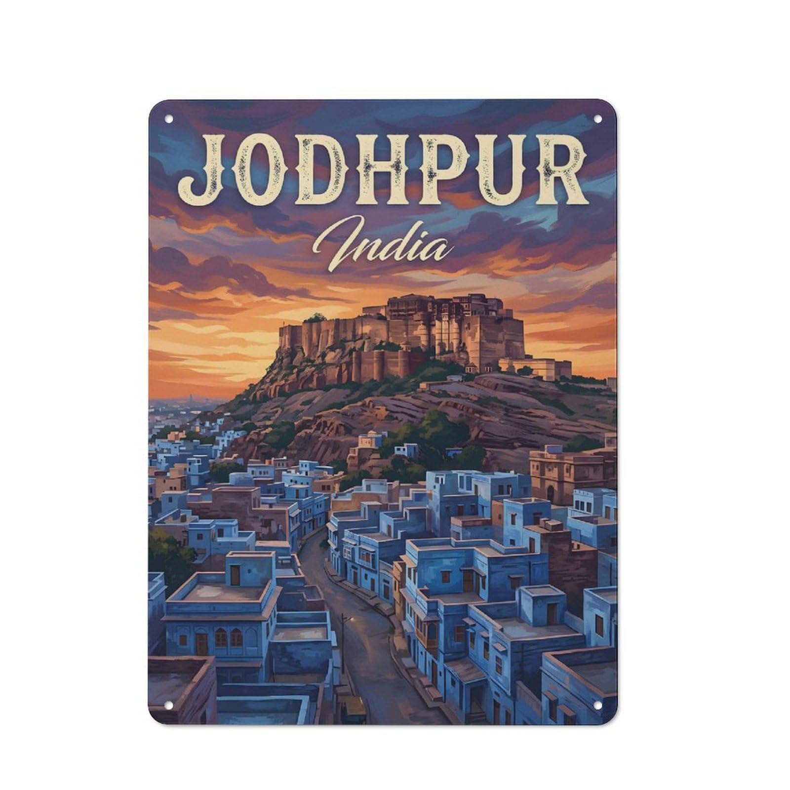 Junmoney Style-2 Jodhpur India Cityscape Painting Printed Metal Sign 40X30cm For Guest Room Or Hallway, For Kitchen, Dining Room And Home Bar Wall Decor