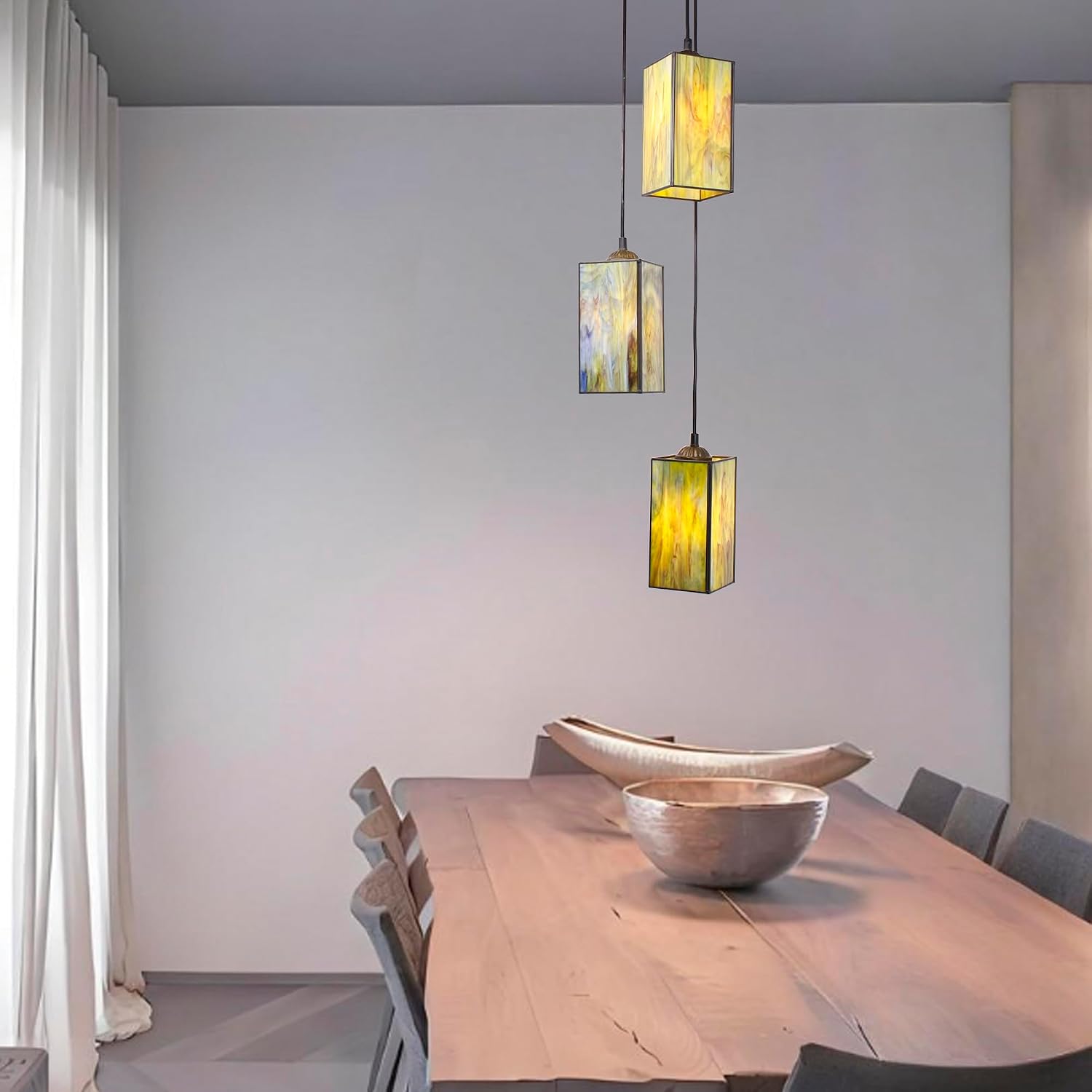 3-Light Tiffany Pendant Light Stained Glass Yellow Green Hanging Lamp for Ceiling Dinning Room, Bedroom,Hallway