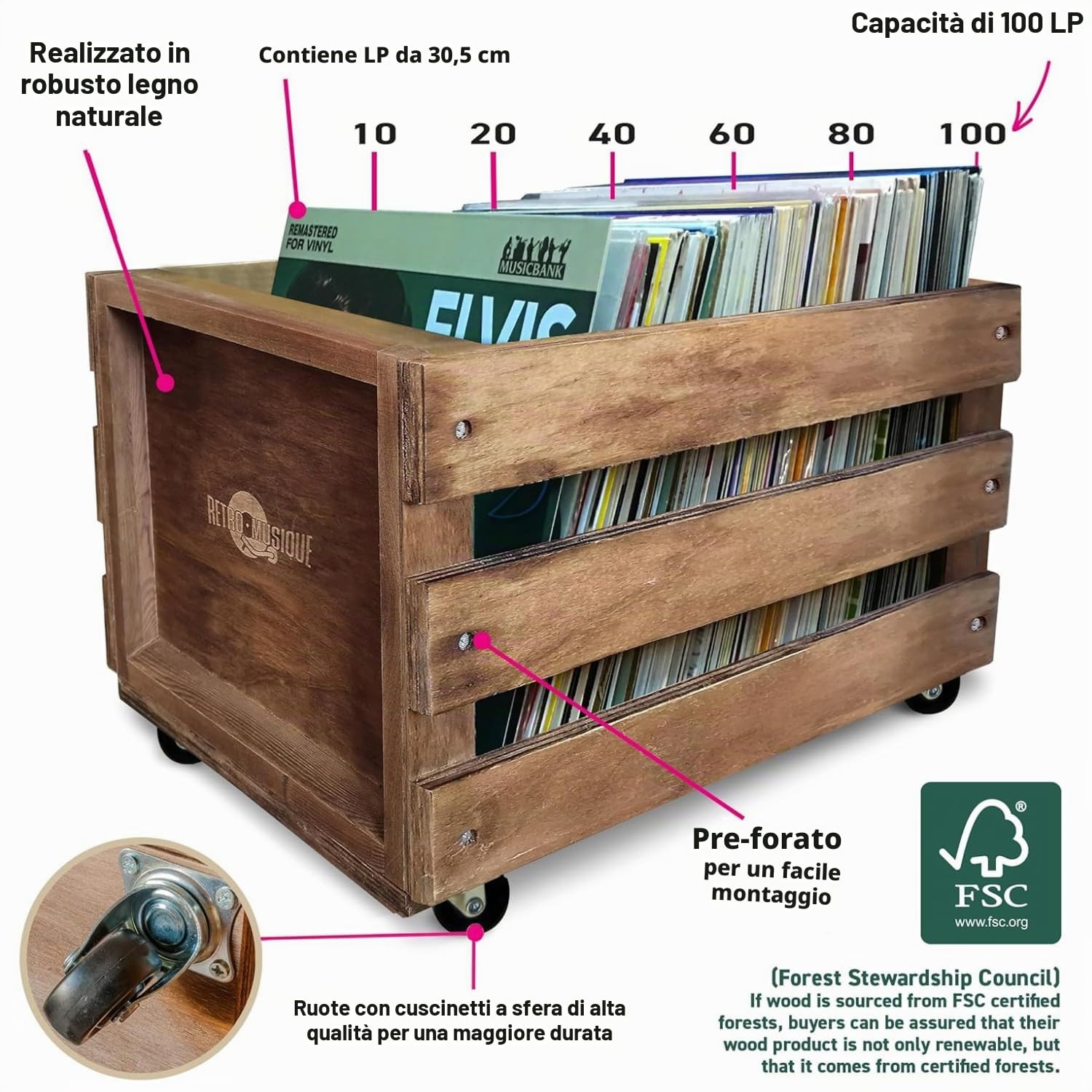 Cassa in legno per dischi in vinile LP da 12 pollici su ruote | Può contenere fino a 100 album (in custodie in PVC) con copertina in tela di iuta | Realizzato in robusto legno naturale