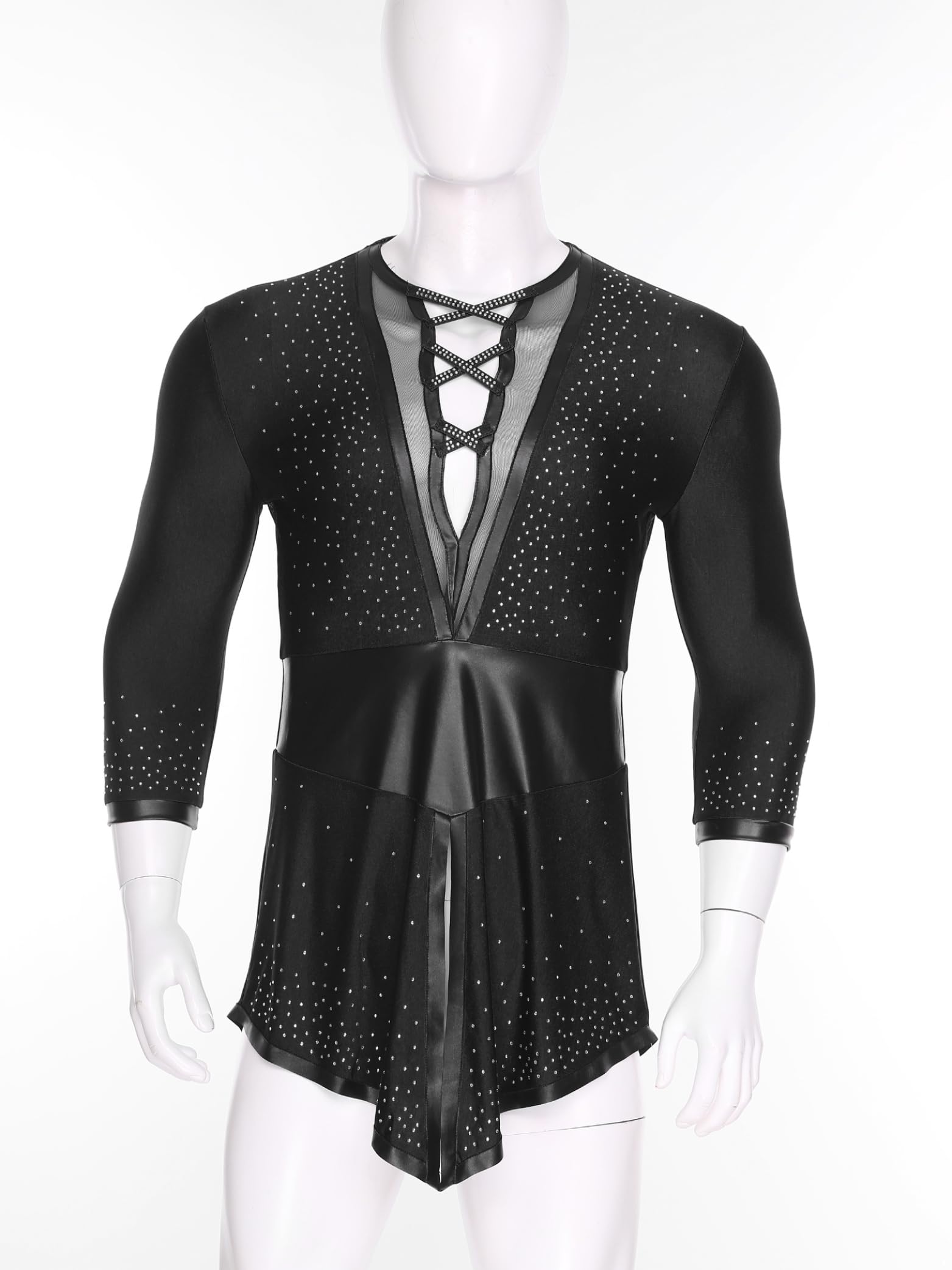Uomo Top Camicia Danza Latina Salsa Rumba Cha Strass Tunica Manica Lunga