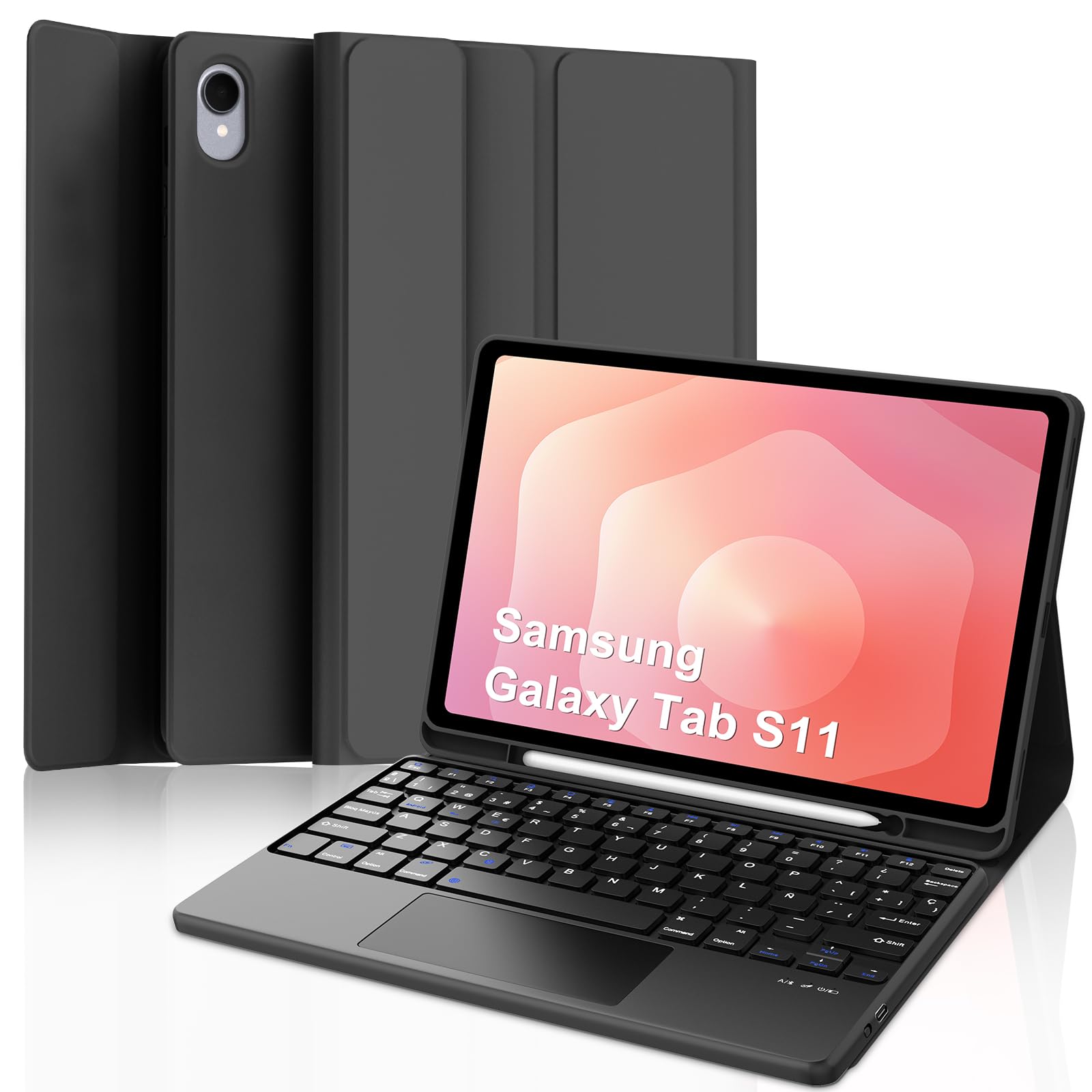 Funda Teclado para Samsung Galaxy Tab S11 11 Pulgadas con Trackpad, Español Ñ Teclado Bluetooth Inalámbrico con Funda Delgado y Portalápices para Tableta Samsung Galaxy Tab S11 11" 2025-Negro