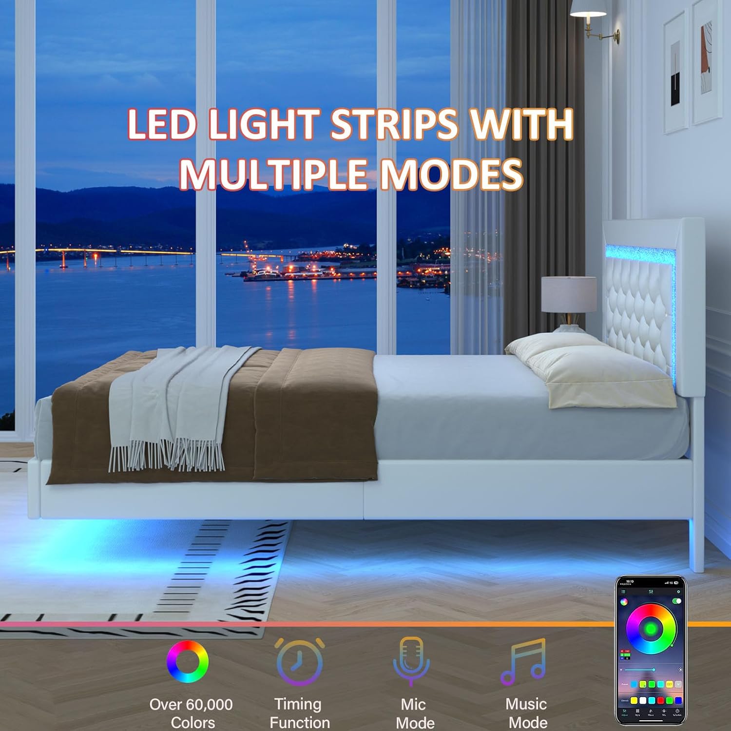 BarnFurin Floating Bed Frame with LED Lights, Upholstered Platform Bed with Diamond Tufted Headboard (White, Full)