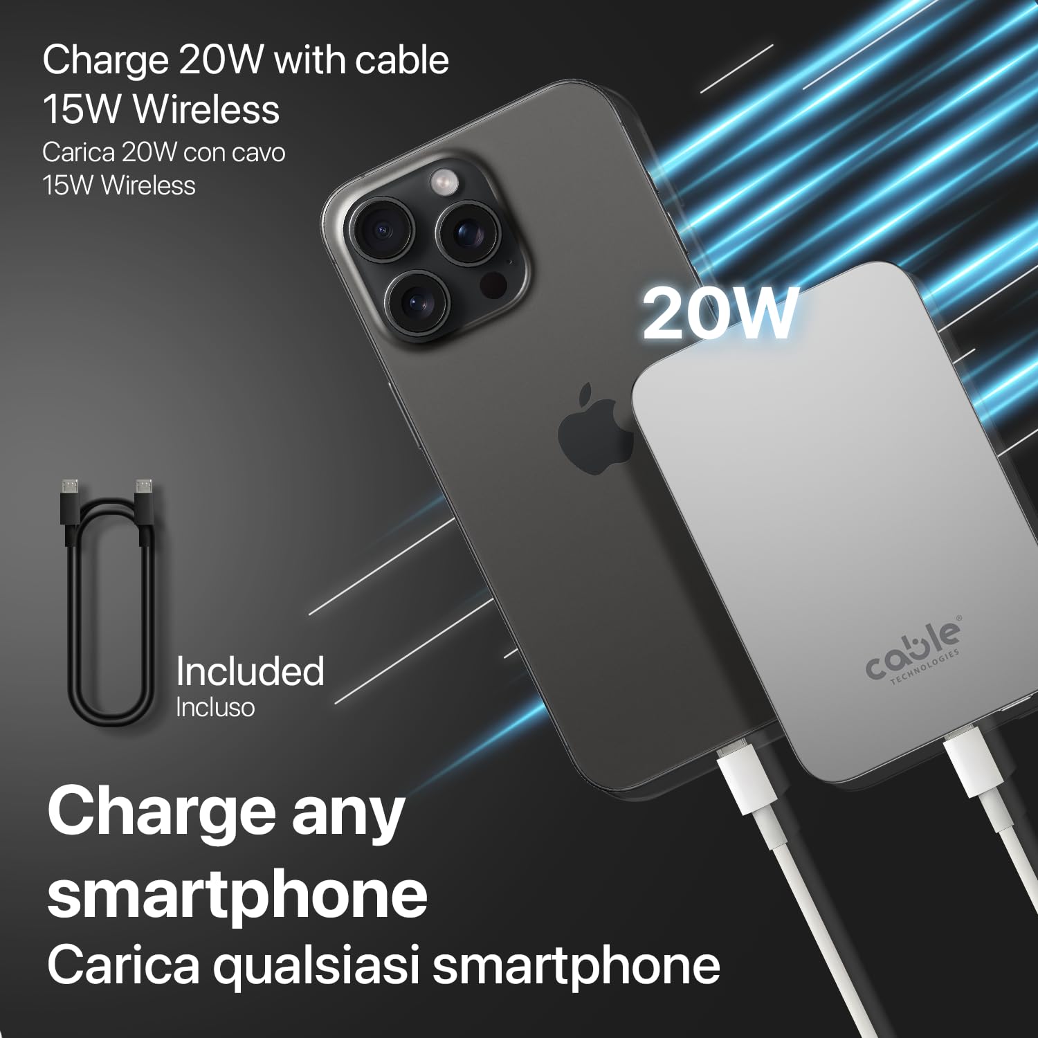 Cable Technologies MagPower powerbank magnétique sans Fil 5000mah PD20W USB-C Ultra Mince, Léger, Charge Rapide, Batterie Externe Power Bank Chargeur Portable Universel pour iPhone, Samsung, etc