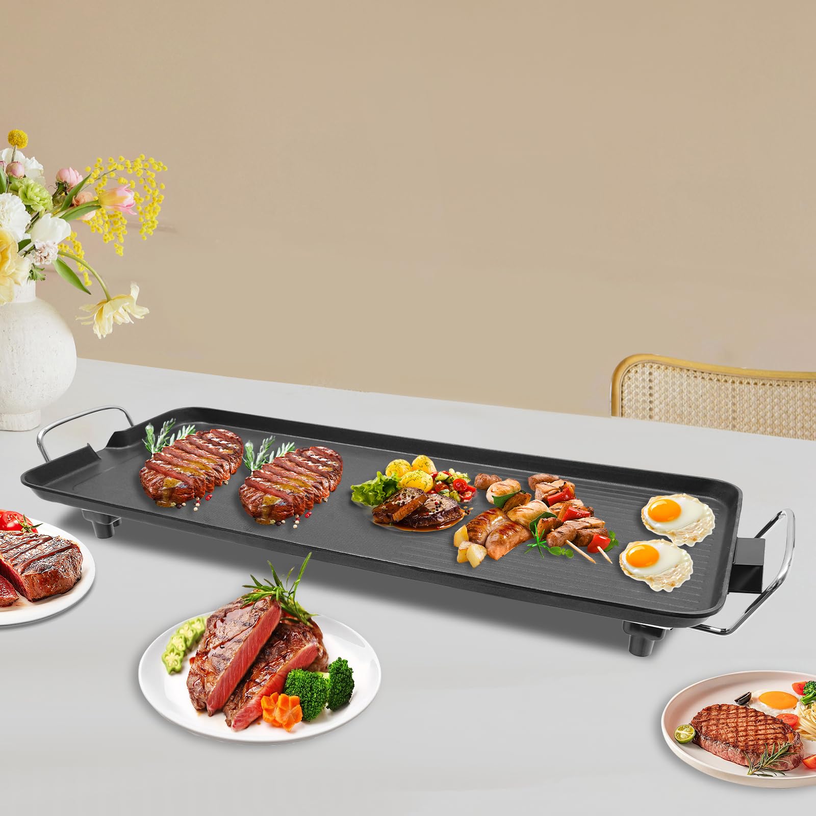 Elektrischer Tischgrill, Balkongrill Elektro, Grill Elektro Utomhus, 1500W Plancha Teppanyaki Grillplatte, mit Antihaftbeschichtung, Grillspaß für bis zu 6 Personen, 68 x 28cm