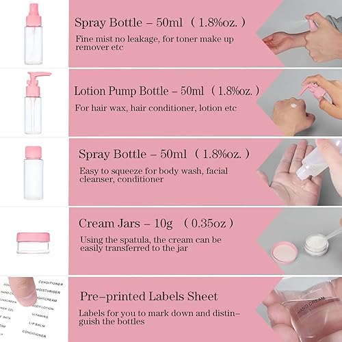 Miniatura 2 de Kit de botellas de viaje portátiles, juego de recipientes de aseo a prueba de fugas aprobados por la TSA, recipientes de cosméticos transparentes de