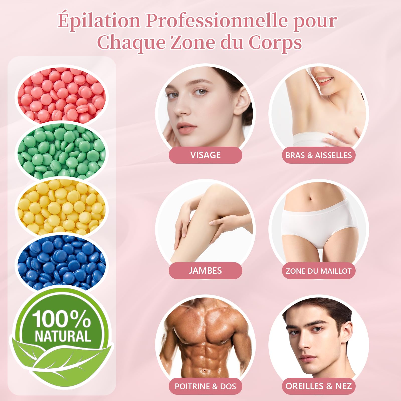 Chauffe Cire Epilation, Kit Epilation Cire Inclure 400g Perles de Cire Chaude, Bol en Silicone, 30 Spatules - Appareil Cire Epilation pour Visage, Corps & Maillot