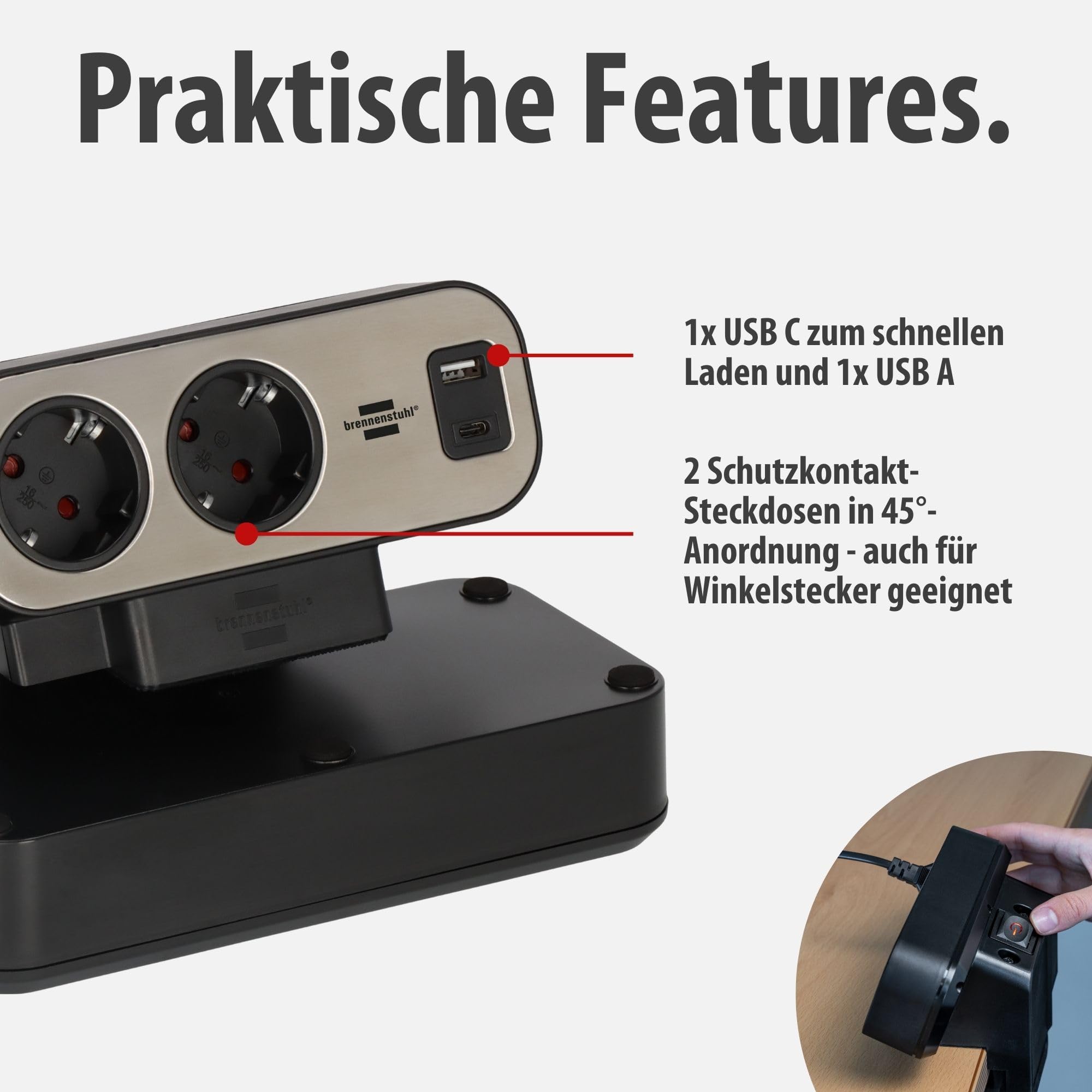 brennenstuhl®Estilo Duplex Tischsteckdosenleiste mit Überspannungsschutz | Mit Schalter, USB C Power Delivery, 1x USB C und 1x USB A, 9x Schutzkontakt-Steckdosen, 2m, silber/schwarz