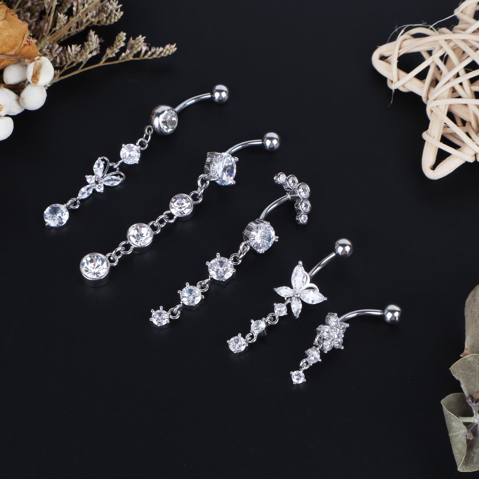Piercing Ombligo Acero Quirurgico Barra Larga 5 Piezas Acero Inoxidable Piercing Ombligo Colgante 12MM 10MM piercing de ombligo de Plátano para Mujeres Niñas