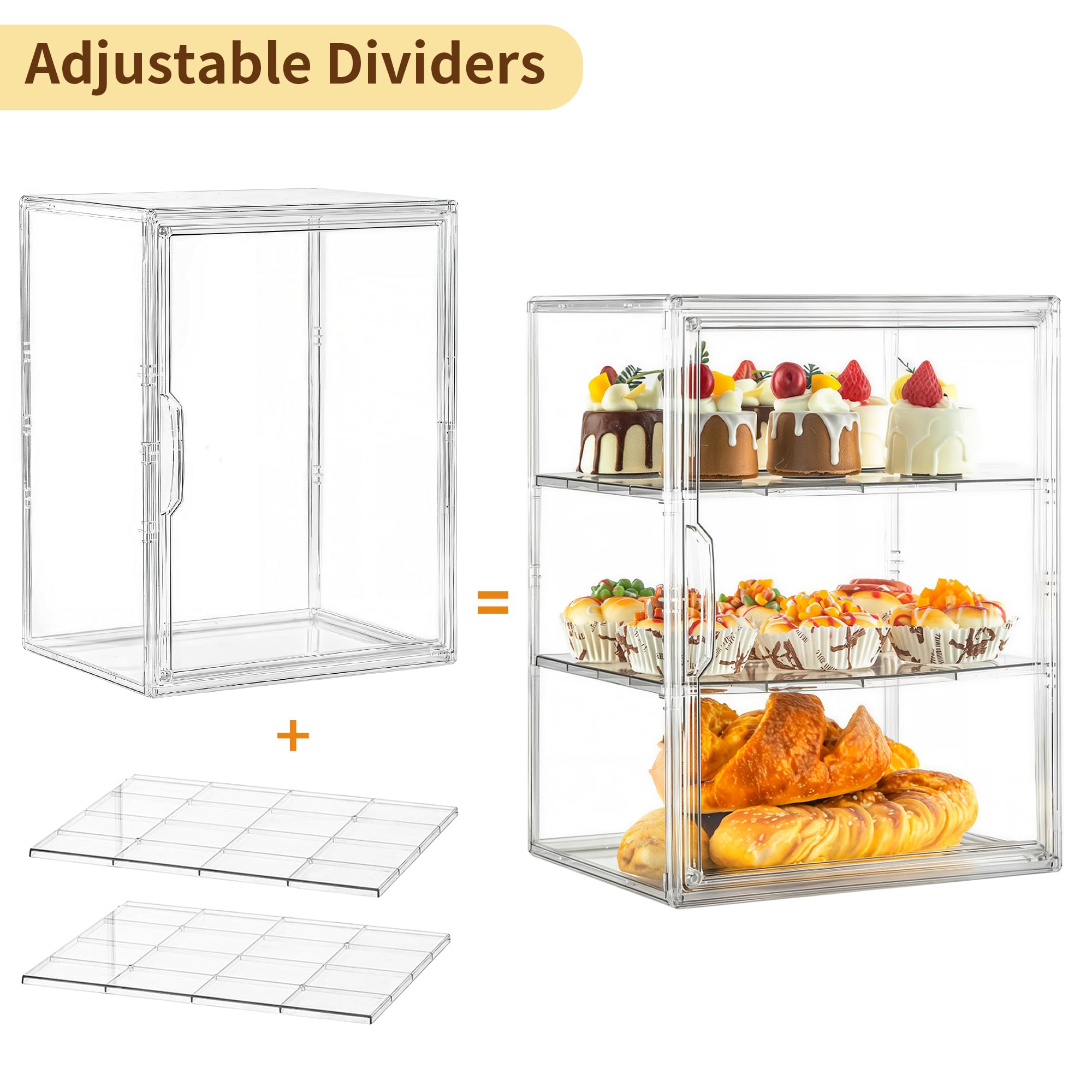 Panera transparente para encimera de cocina, vitrina de pastelería, 3 capas ajustables para almacenamiento de pan con puerta magnética, exhibición de pastelería (grande, 2 piezas)