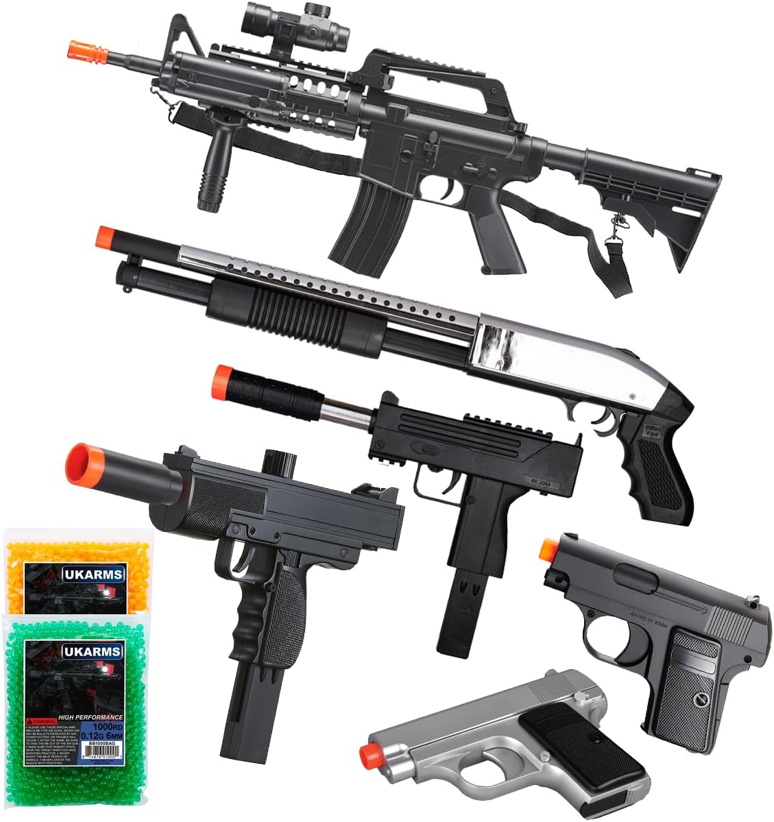 Spring Airsoft Gun Combo Package-Included Spring M4 Airsoft Rifle, Shotgun, 2X Pistols & SMG, and 2000 Rounds BBS-Starter Pack