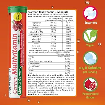 German Multivitamin + Mineralien Drink Effervescent Tablets 60 Servings Pomegranate Flavour – 10 Vitamins + 2 Minerals – Made in Germany