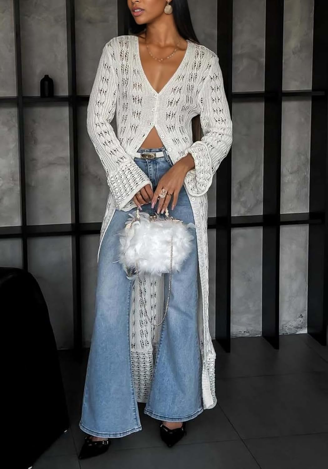 LETSVDO Womens Long Crochet Cardigan Bell Sleeve Ruffle Knit Hollow Out Lightweight Duster Sweater Beach Cover up Dress - Image 4