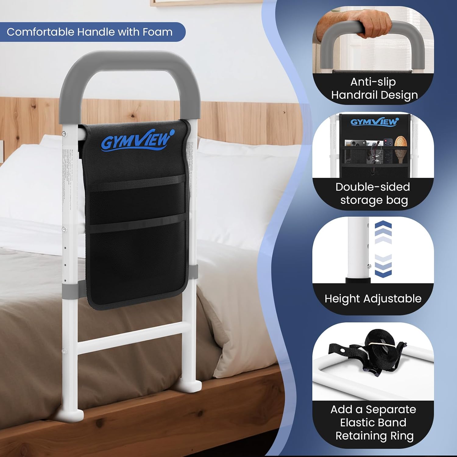 Bed Rails for Elderly Adults Safety — ASTM F3186-17 Certified, 350 lbs Heavy-Duty Adjustable Bed Assist Rail with 2-Sided Storage Pouch, Tool-Free Install, Fits Twin to King Beds & Sofas