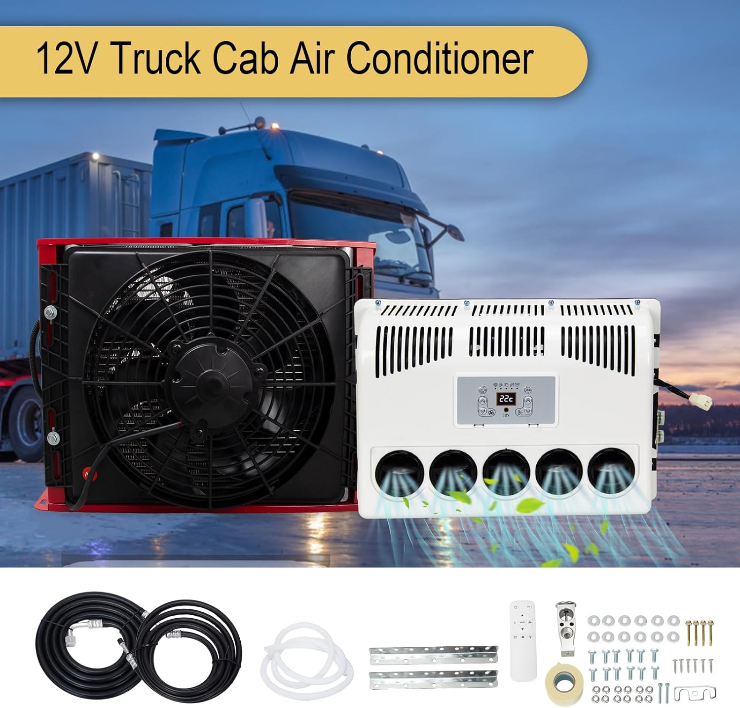 Universal Split Truck Cab 12V AC Unit RV Air Conditioner Mini 11000BTU Electric RV Truck Air Conditioner Camper A/C Unit, Only Cooling for Trailer, Vans, RVs, Vans, Motorhome, Fast Cooling