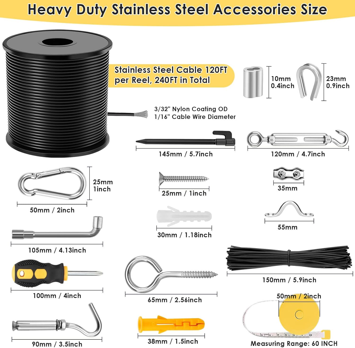 215Pcs String Light Hanging Kit, Outdoor Light Guide Wire Rope with 240FT Nylon Coated 304 Stainless Steel Cable, Turnbuckle, Hooks and Enough Accessories