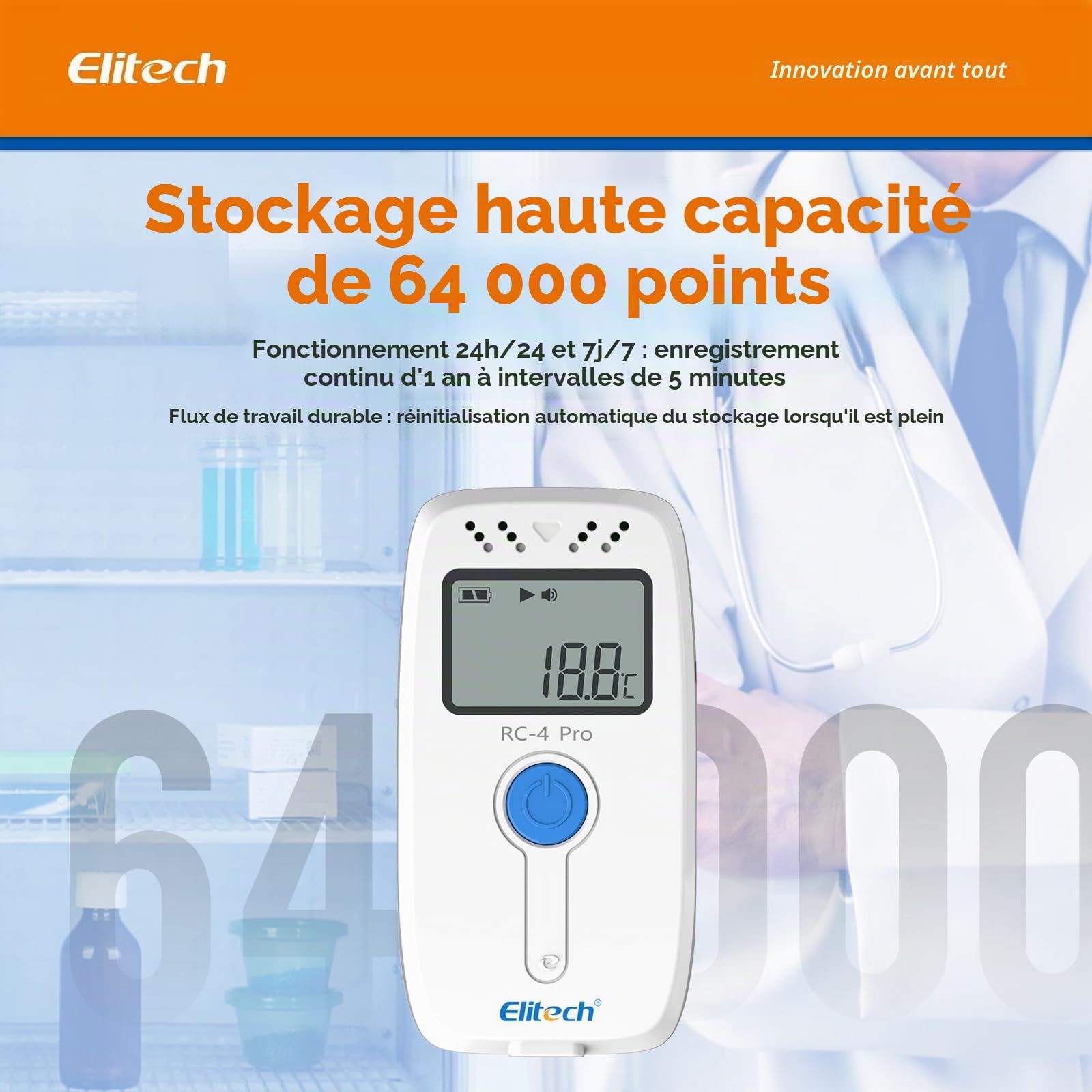 Elitech RC-4 Pro Enregistreur de Température USB, Data Logger pour Réfrigérateur Médical, Stockage Vaccins, Surveillance Chaîne du Froid 64 000 Données, Exportation Auto PDF/CSV