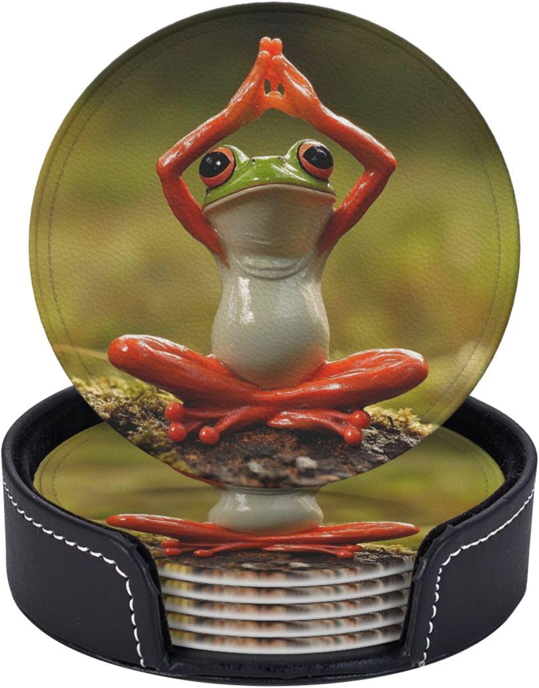 Coasters for Drinks Personalized Leather Coasters Set of 6 The Funny Frog Doing Yoga Drink Coasters Non-Slip Mugs Pads with Holder Round Cups Pad Mat for Coffee Table Kitchen