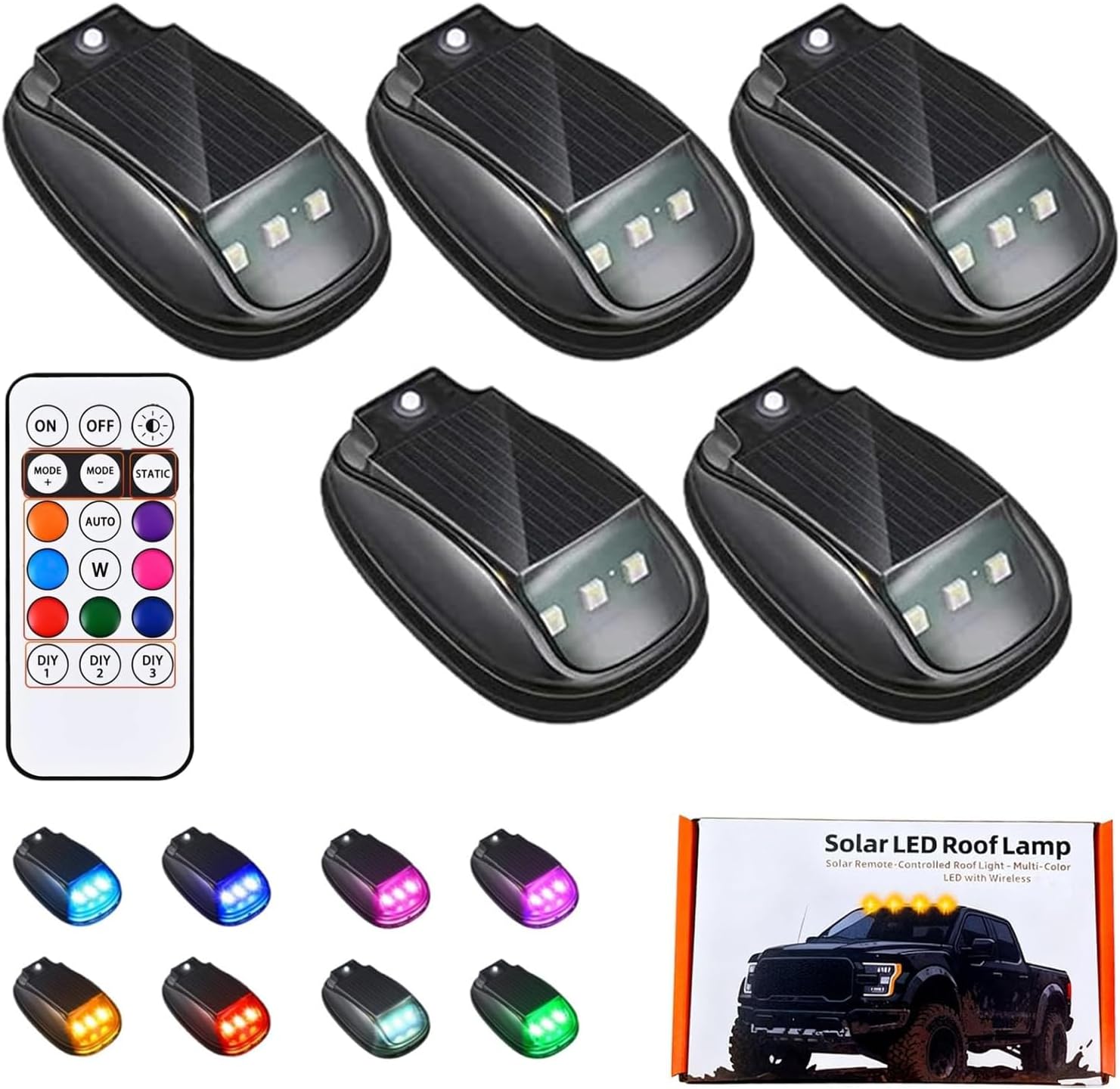 2026 New Solar Car Roof RGB Strobe Light with Remote Control, Solar Cab Lights, Waterproof Interior Car Lights 8 Colors Wireless LED Strobe Lights for Trucks, Motorcycle, Vehicle, Night Driving (5Pcs)