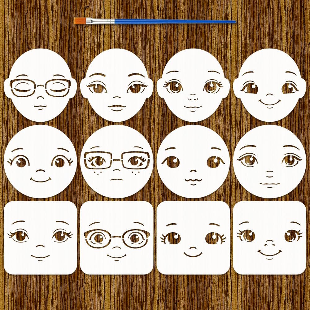 FINGERINSPIRE 12PCS Face Painting Stencils with Paint Brush 5.9x5.9inch Reusable Facial Expression Stencils Character Theme Stencil for Painting on Wood Wall Fabric Furniture DIY Home Decoration